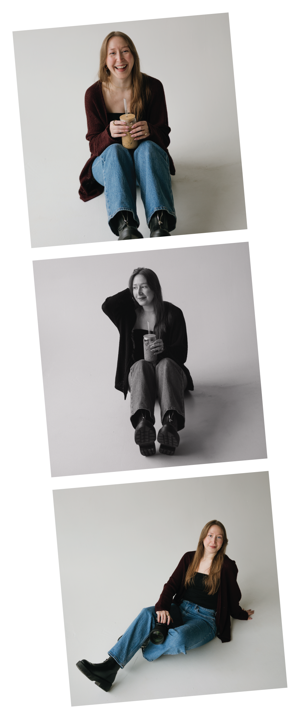 Vertical three-photo collage of a young woman in burgundy cardigan and jeans posing in a bright studio.