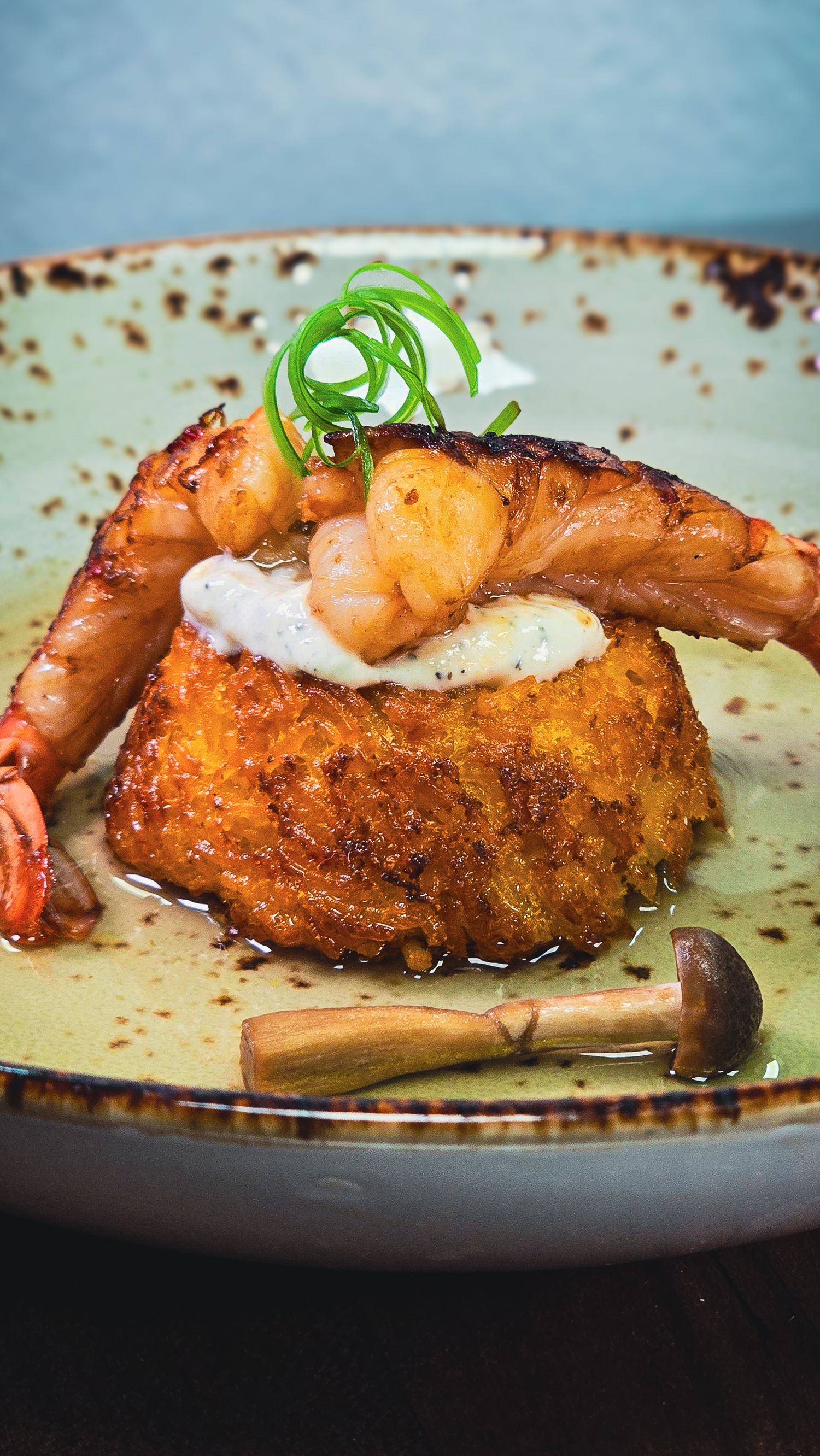 Golden fried crab cake topped with grilled shrimp, creamy sauce, and fresh green garnish on a rustic ceramic plate.