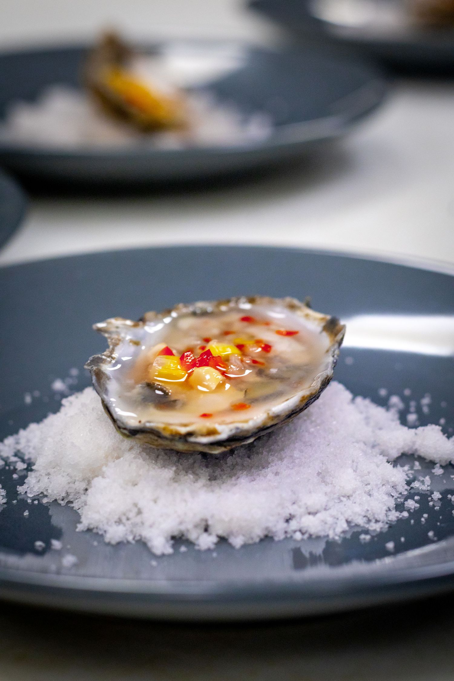 Fresh oyster on the half shell served on coarse sea salt with red chili and corn garnish on a gray plate.