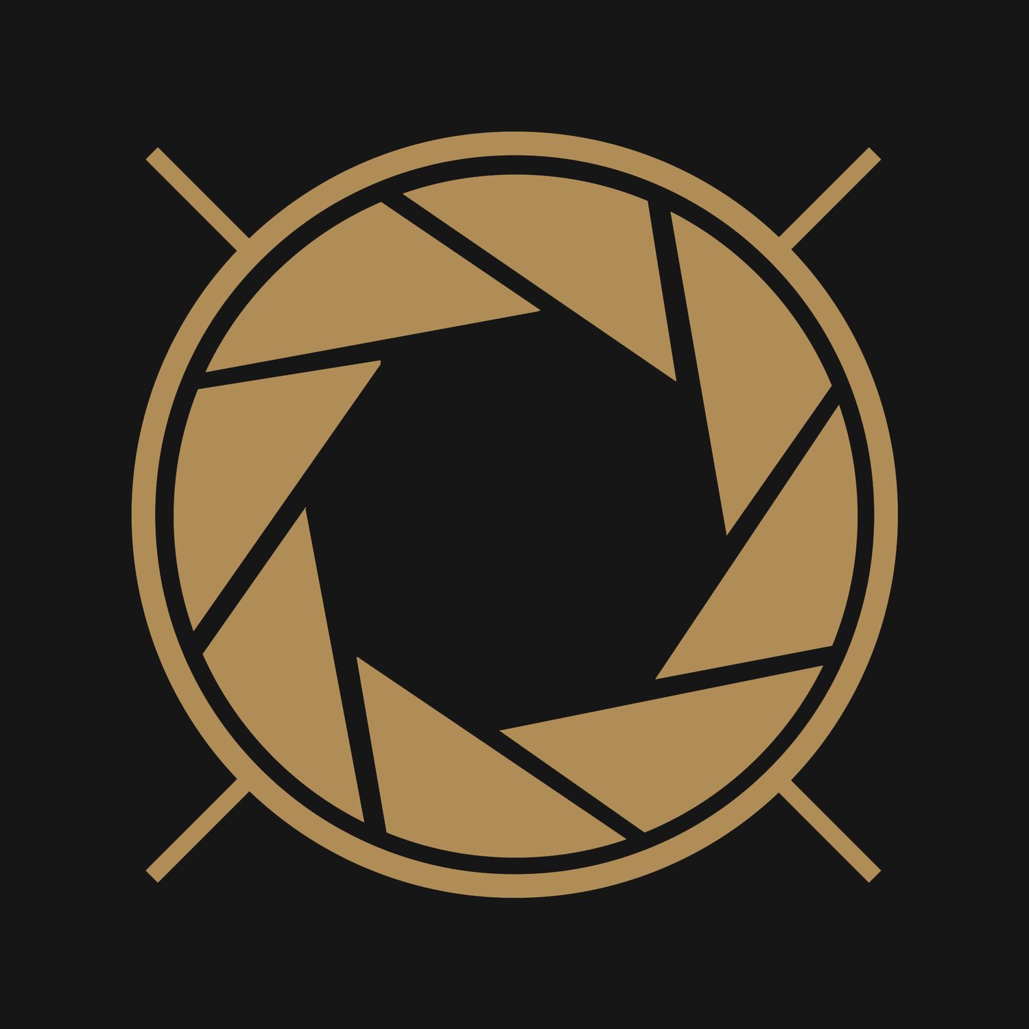 Gold camera aperture logo design on black background with crossed lines.