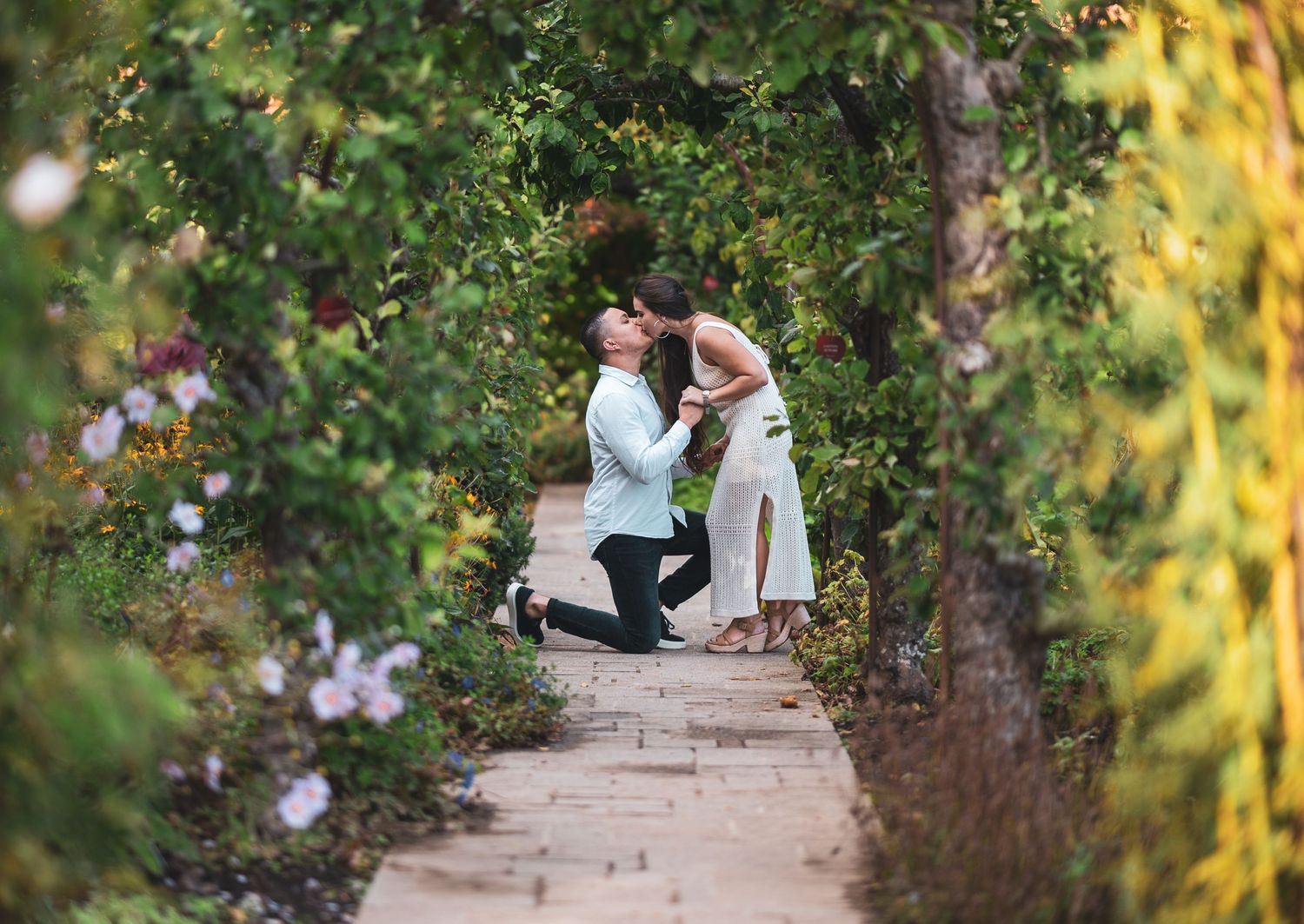 Man proposing on one knee to woman beneath a romantic garden archway covered in lush green foliage.