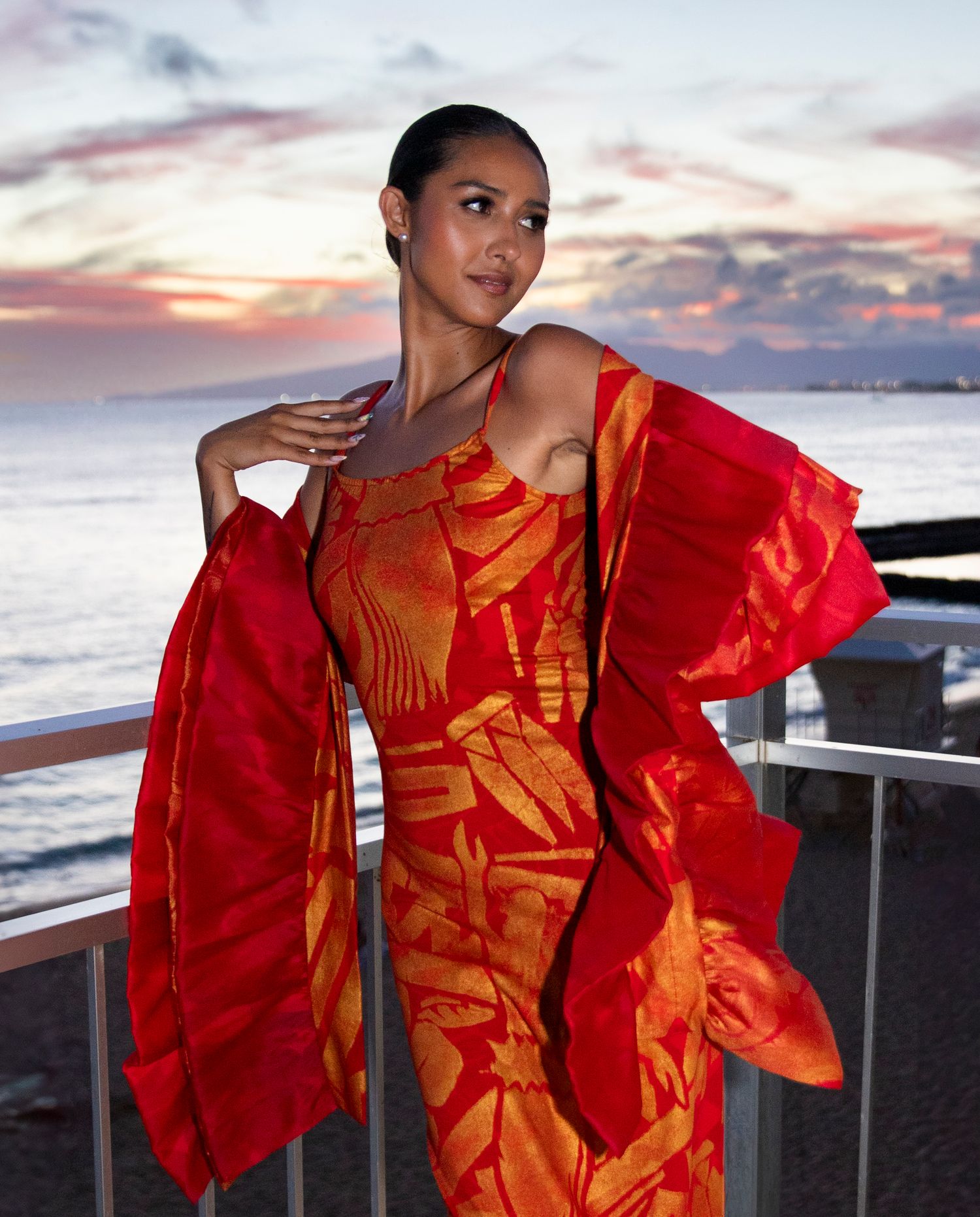 Hawaiian fashion portrait at sunset on Oahu Hawaii