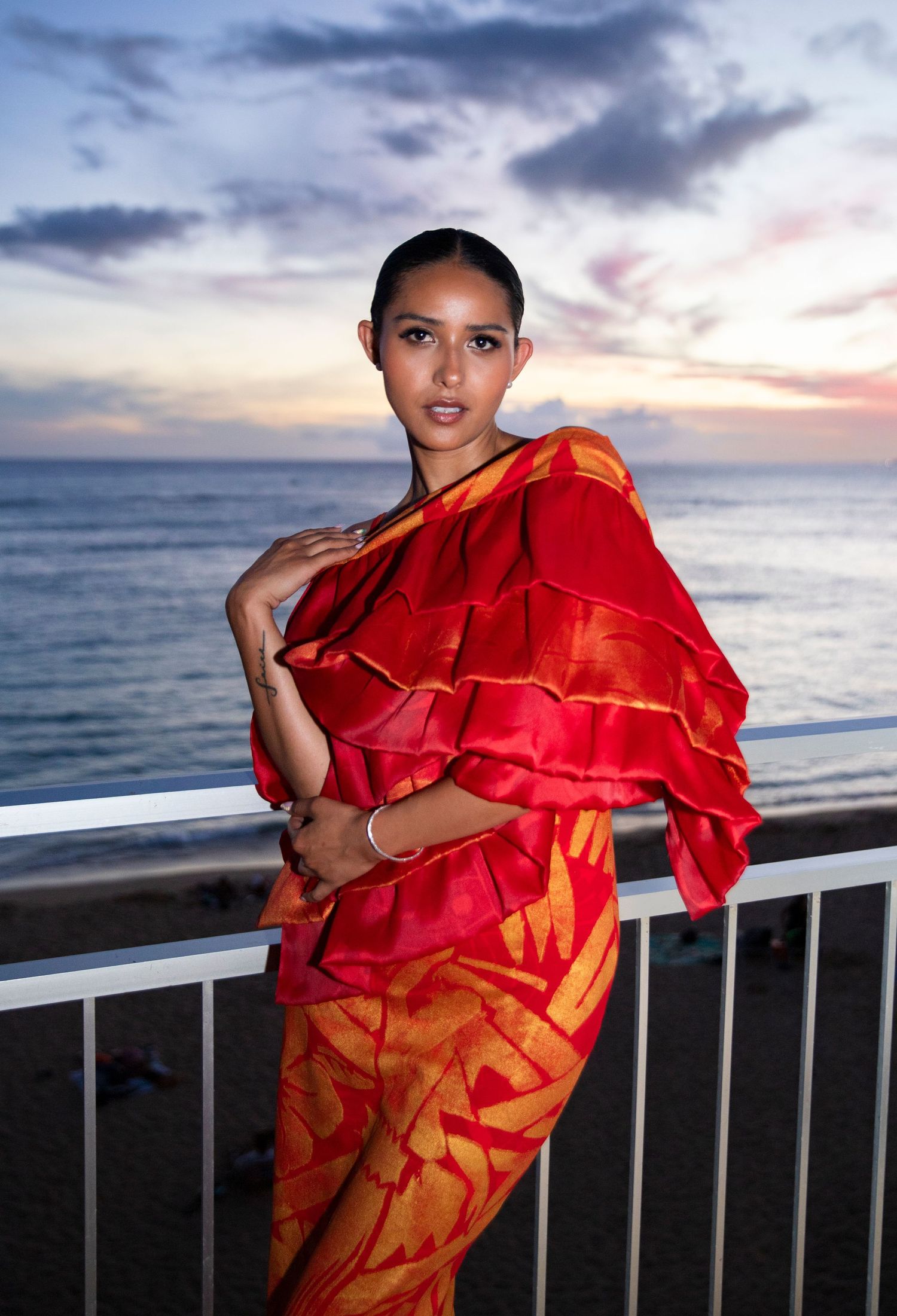 Hawaiian fashion portrait at sunset on Oahu Hawaii