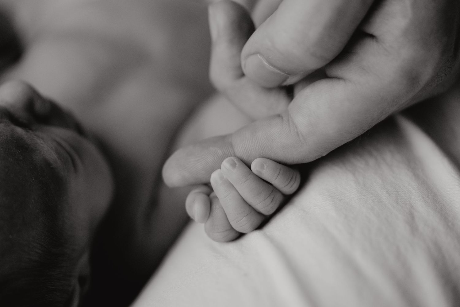 Black and white close-up of newborn baby gripping parent's finger.