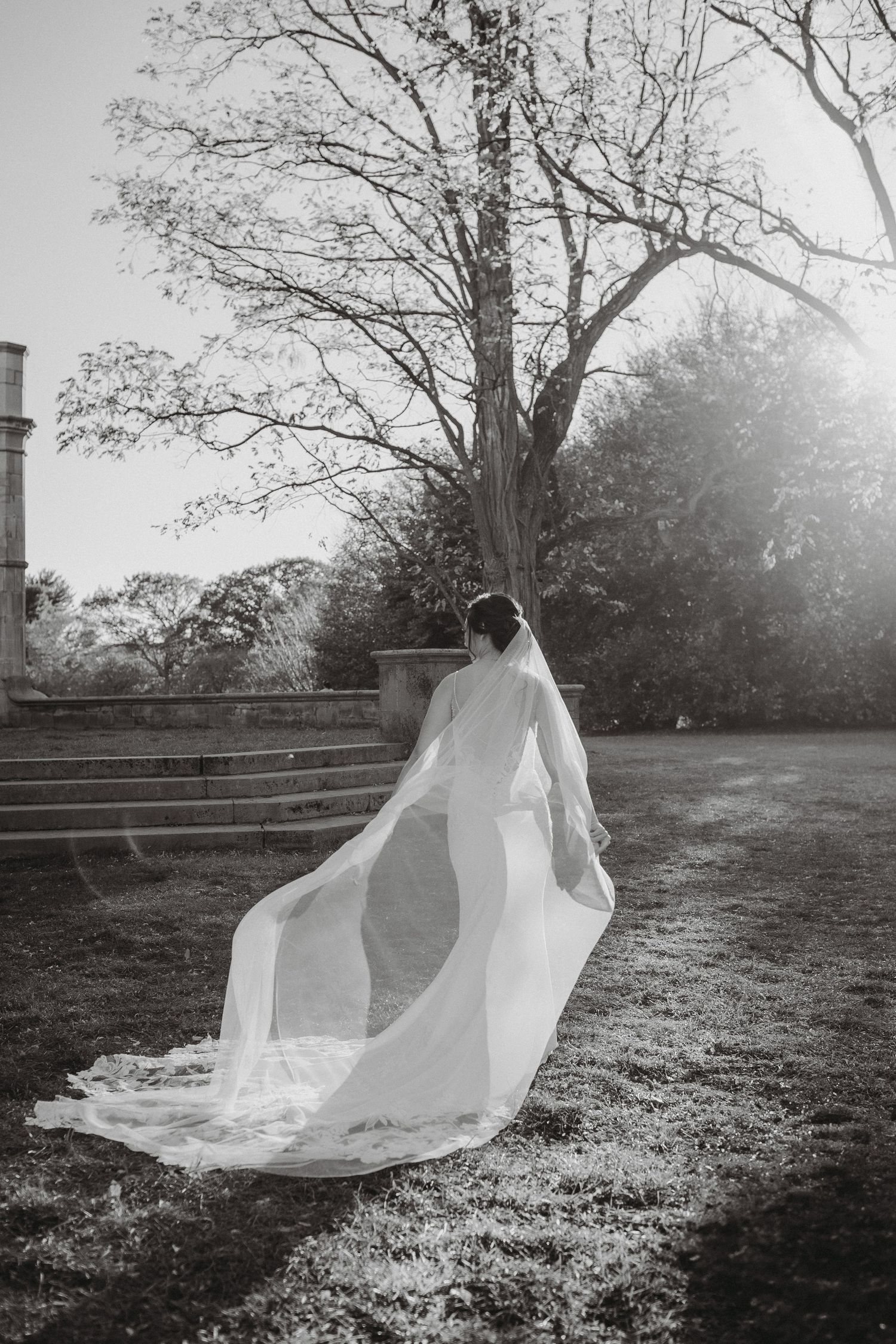 Black and white photo of bride with flowing cathedral veil walking across sunlit garden lawn.