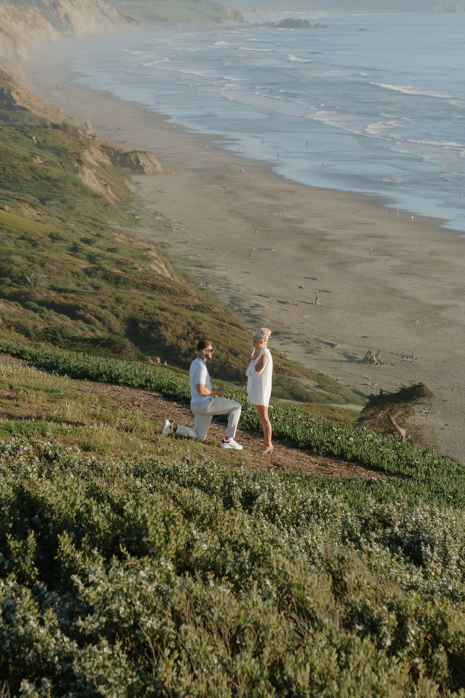 Romantic marriage proposal on a scenic coastal hillside with man on one knee before woman in San Francisco, CA.