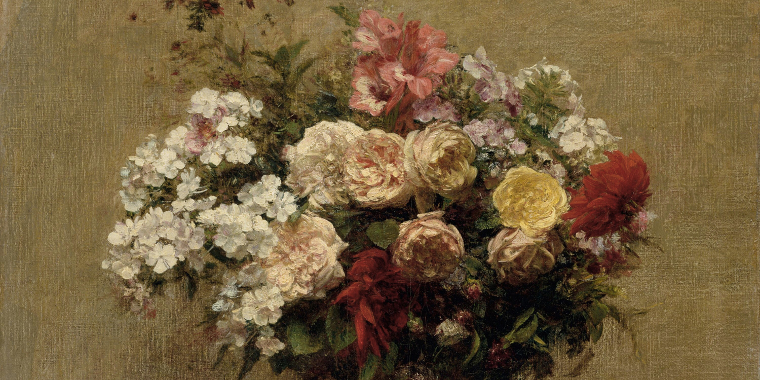 Impressionist oil painting of mixed summer flowers including roses, dahlias, and white blooms in warm tones.
