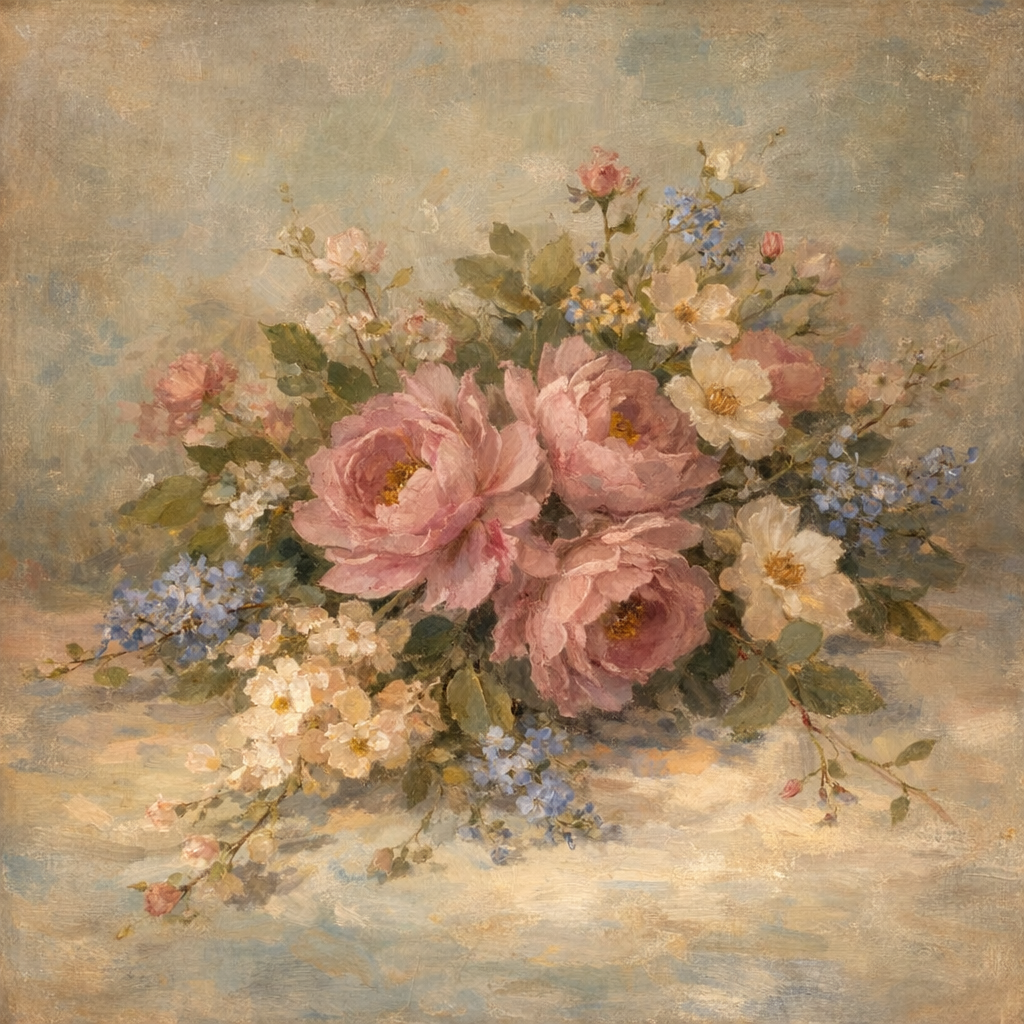 Soft vintage painting of pink roses and wildflowers arranged in a romantic bouquet on a muted blue-gray background.