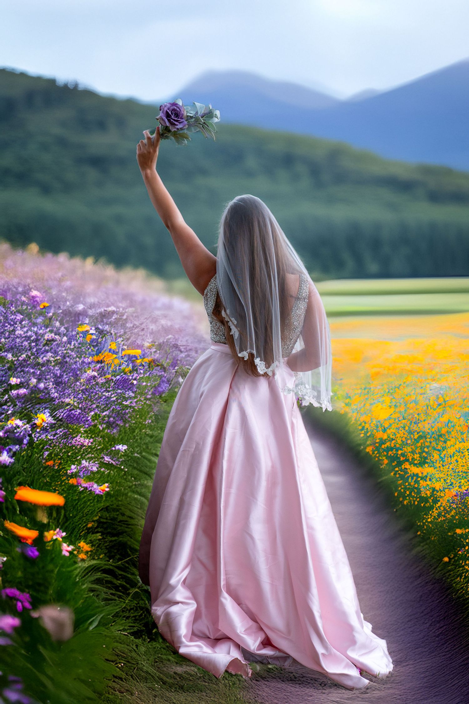 Pink wedding dress silhouette among purple and yellow wildflower fields with mountain backdrop.