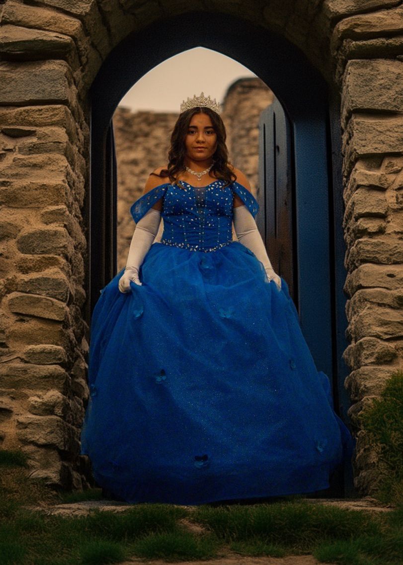 A royal blue princess gown with sparkles displayed in a stone doorway.