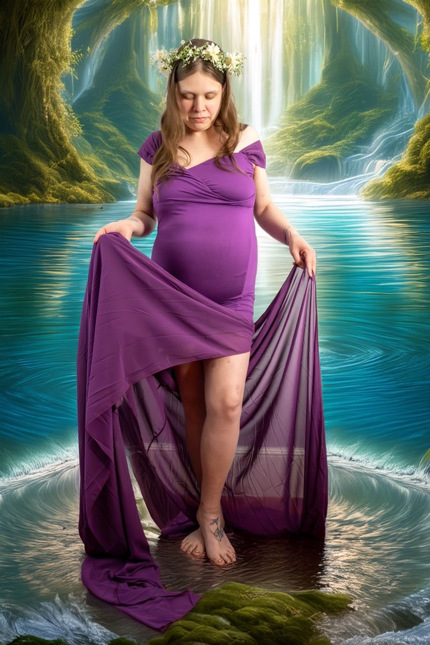 A figure in a flowing purple dress stands in mystical waters surrounded by glowing cliffs and waterfalls.
