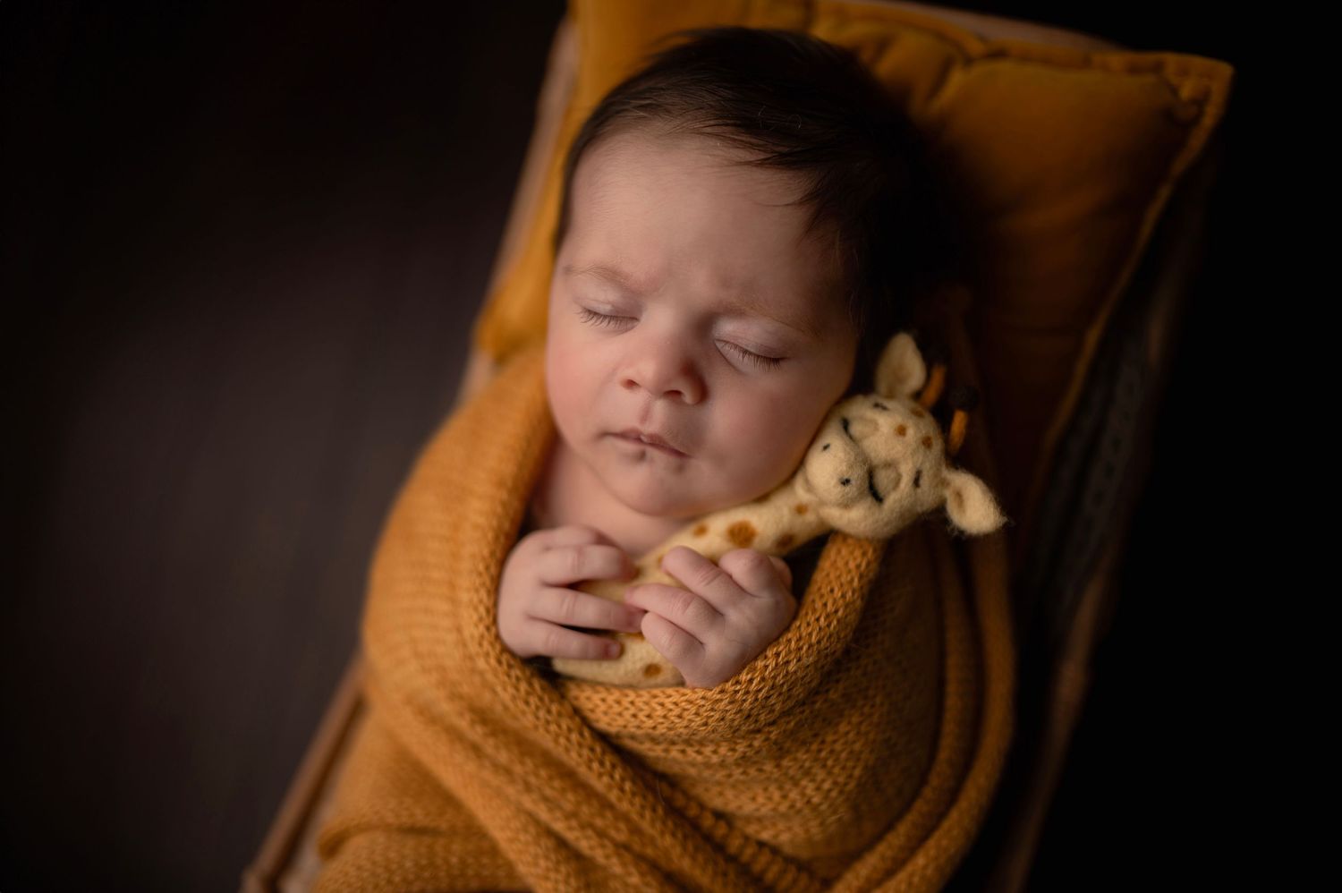 Sleeping infant wrapped in mustard yellow knit blanket holding small stuffed animal on dark background.