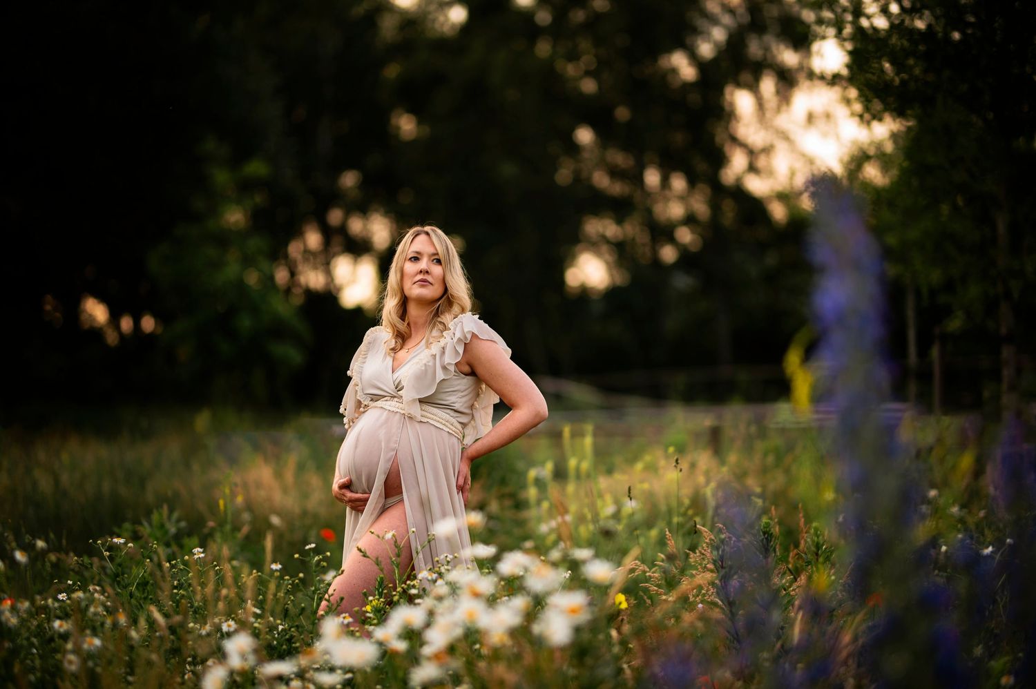 Maternity portrait in wildflower field during golden hour sunset.