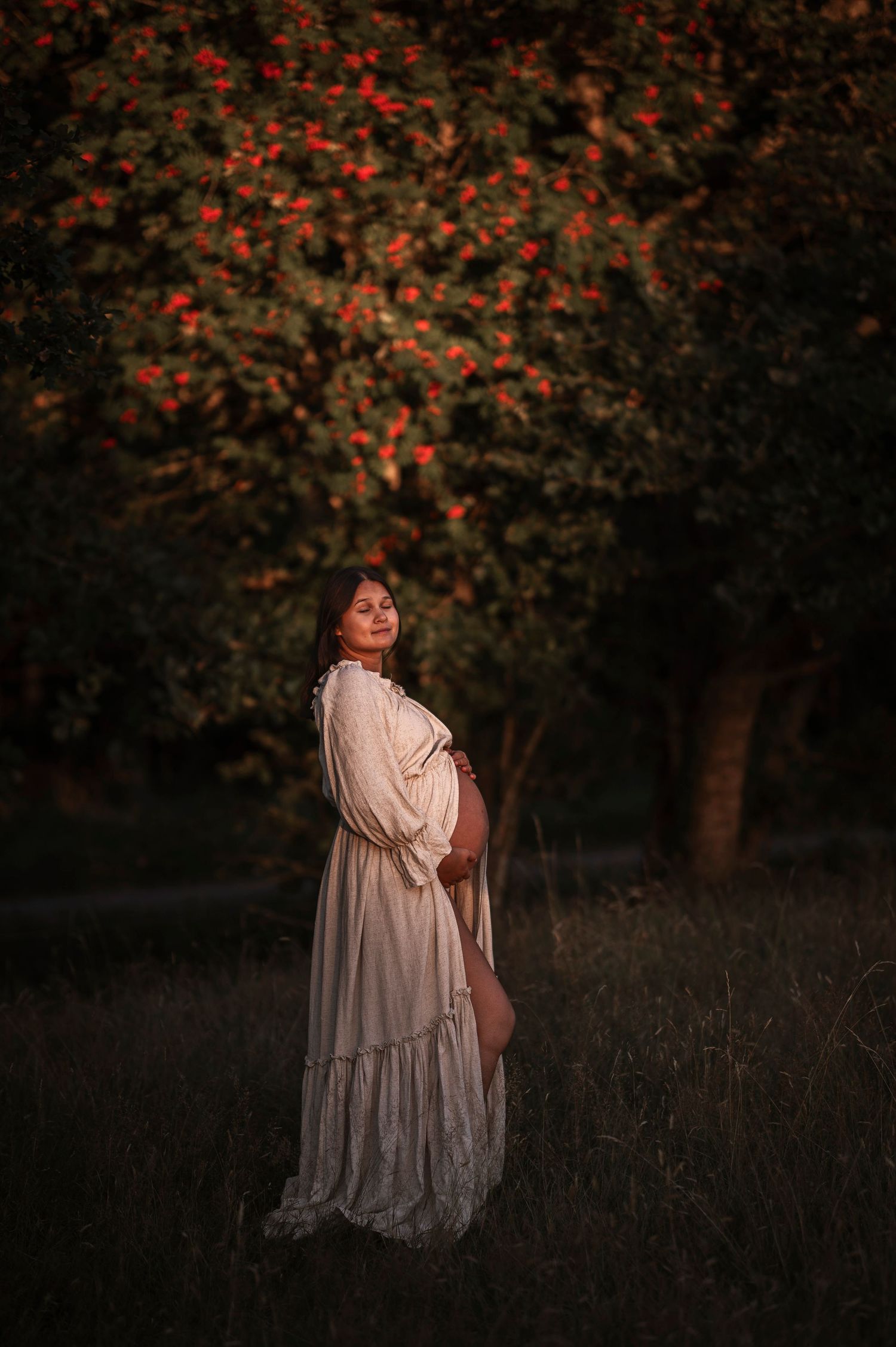 Maternity photo in white dress against autumn trees with red berries at sunset.