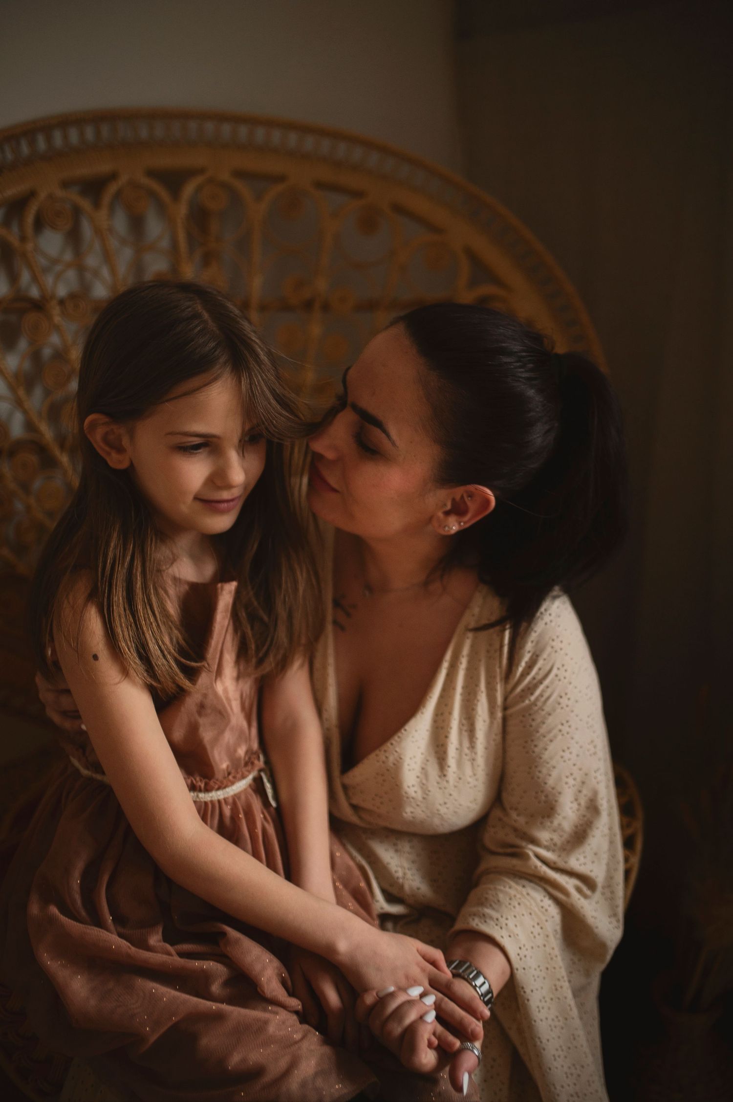 Emotional portrait featuring soft earth tones and vintage-inspired styling.