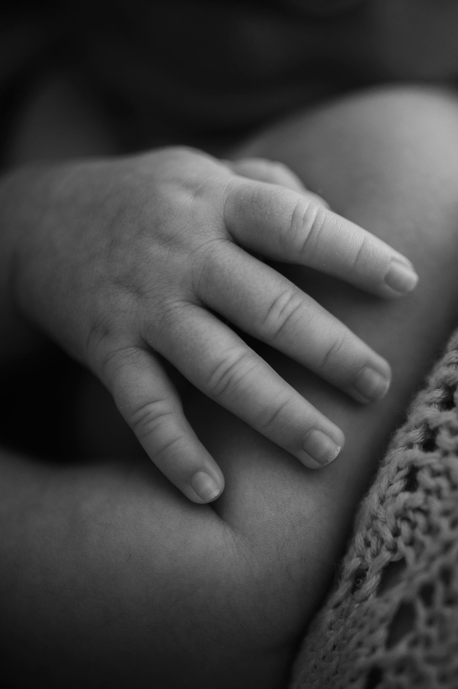 Black and white close-up of tiny infant hand resting on soft knitted fabric.