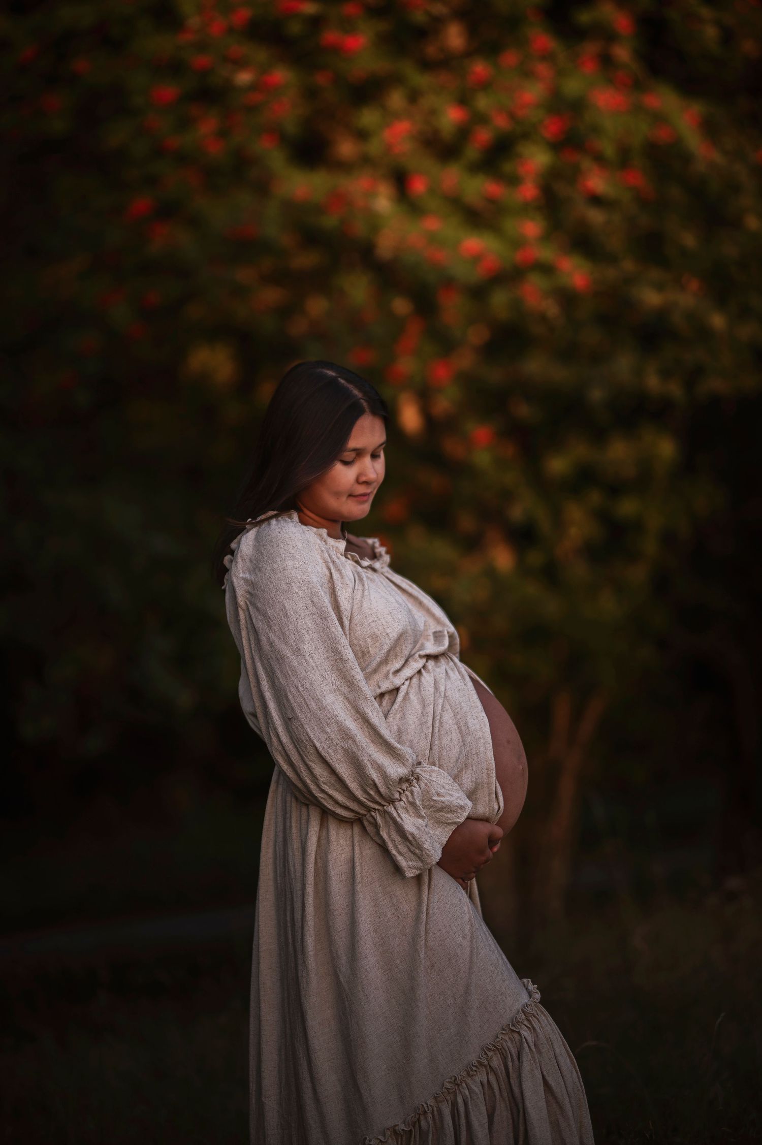 Maternity portrait with red berry bushes in background during sunset.