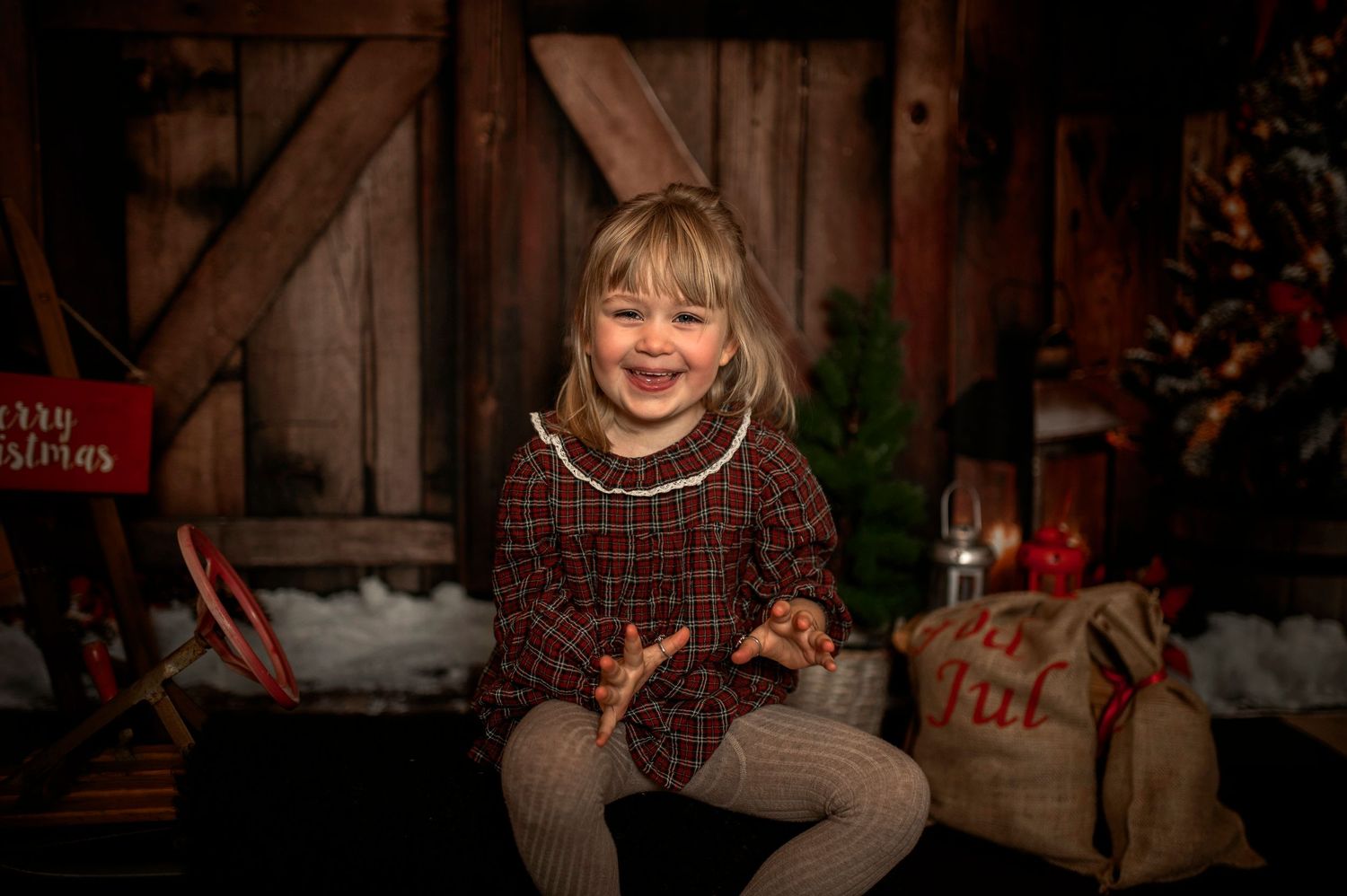 A smiling young girl in a red plaid dress sits in a festive Christmas barn setting with holiday decorations.
