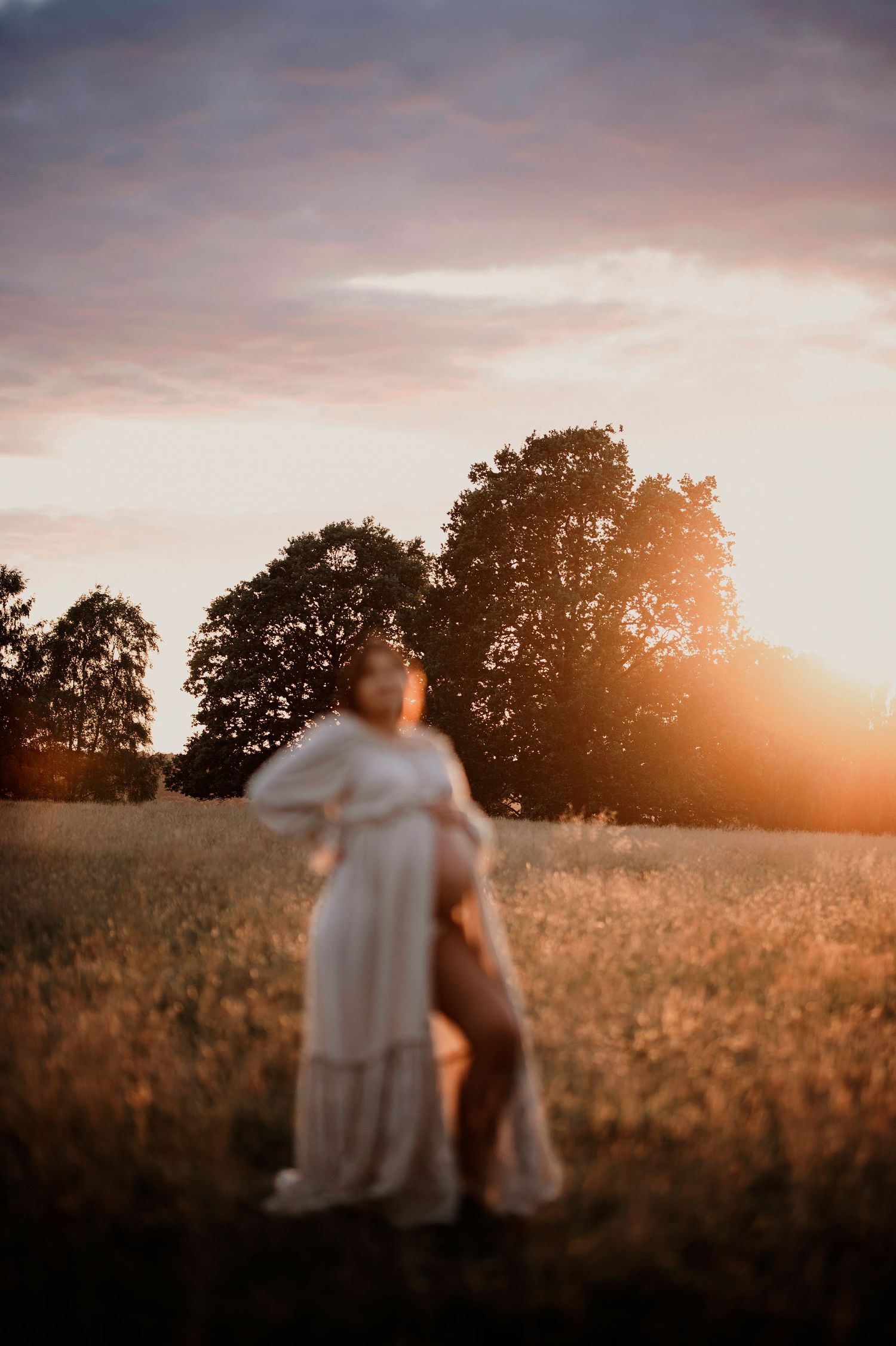 A silhouette of someone in a flowing dress stands in a golden field at sunset.