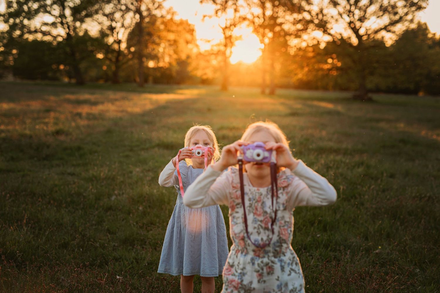 Familjefotografering i Skåne med barn som leker med leksakskameror i solbelyst äng i gyllene kvällsljus.