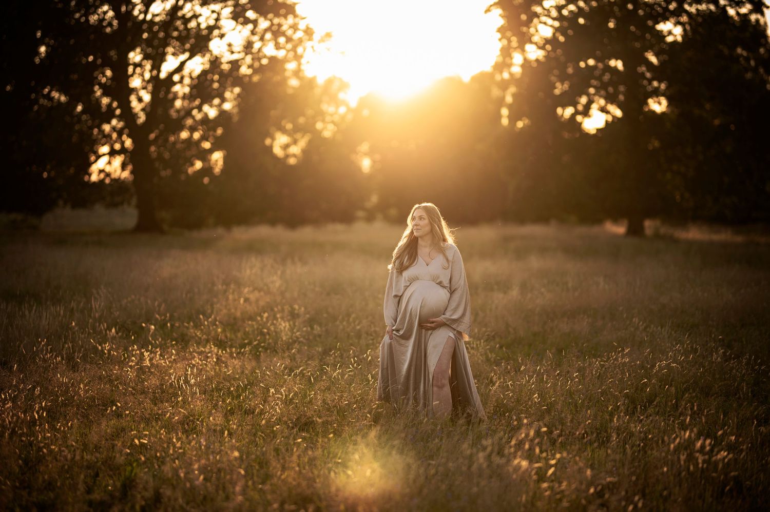 Ethereal maternity portrait in flowing dress amid sunlit field at golden hour.