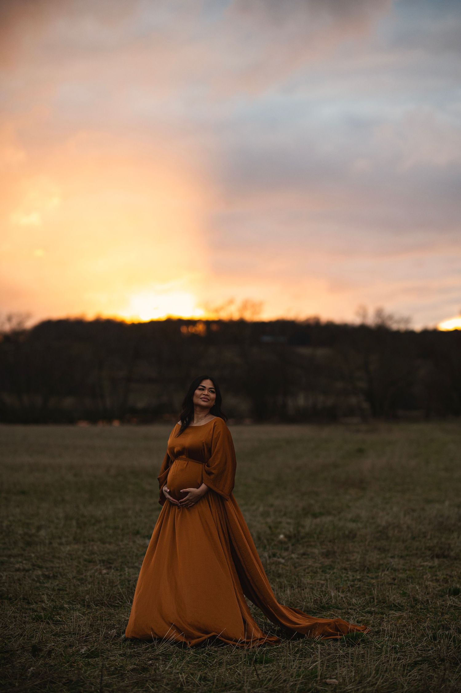 A pregnant woman in a flowing rust-colored dress stands in a field at sunset.