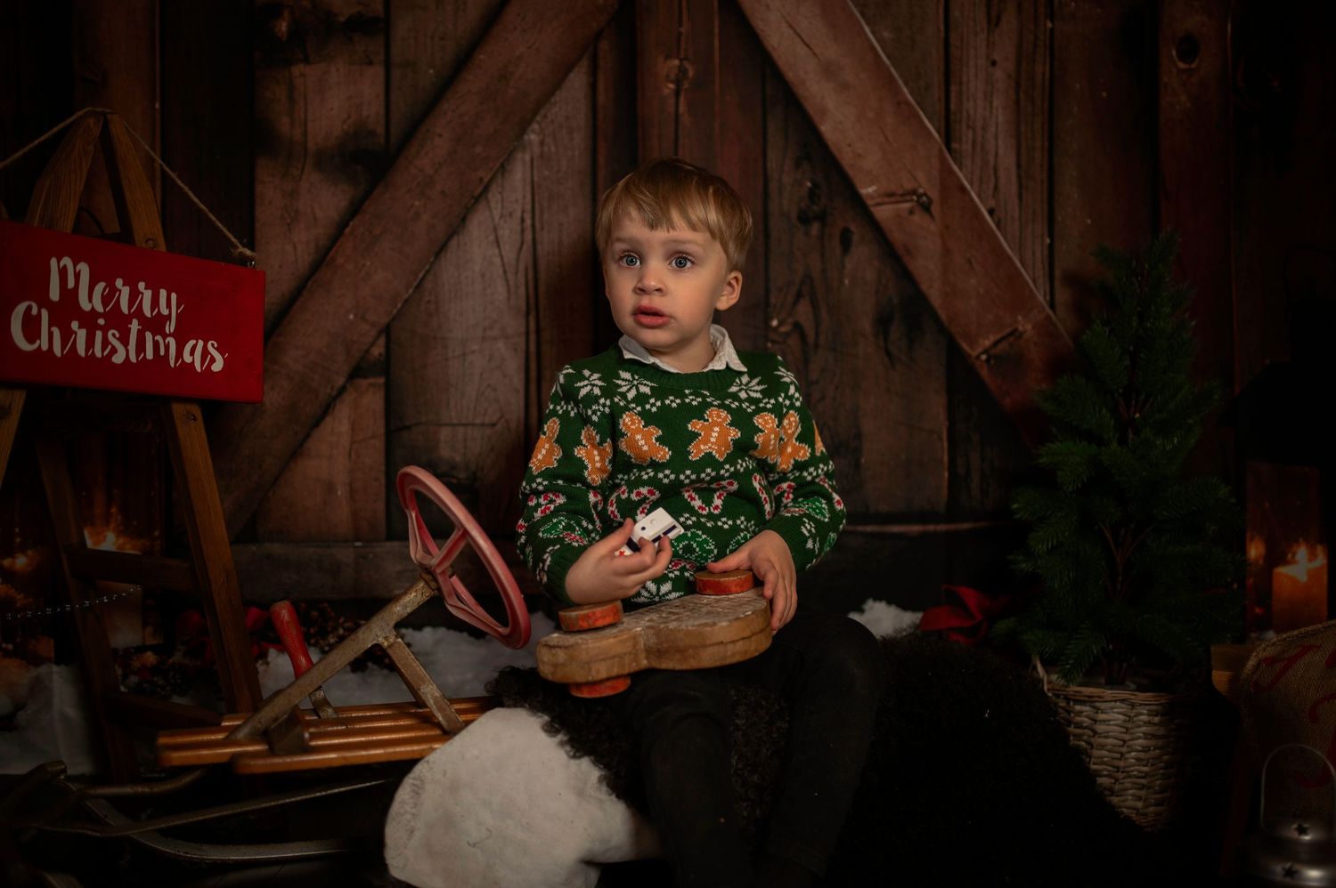 Young boy in Christmas sweater holding a basket in a rustic wooden barn holiday photo setting.