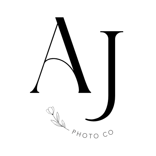 AJ Photo Co elegant monogram logo featuring large serif initials with small floral accent below.