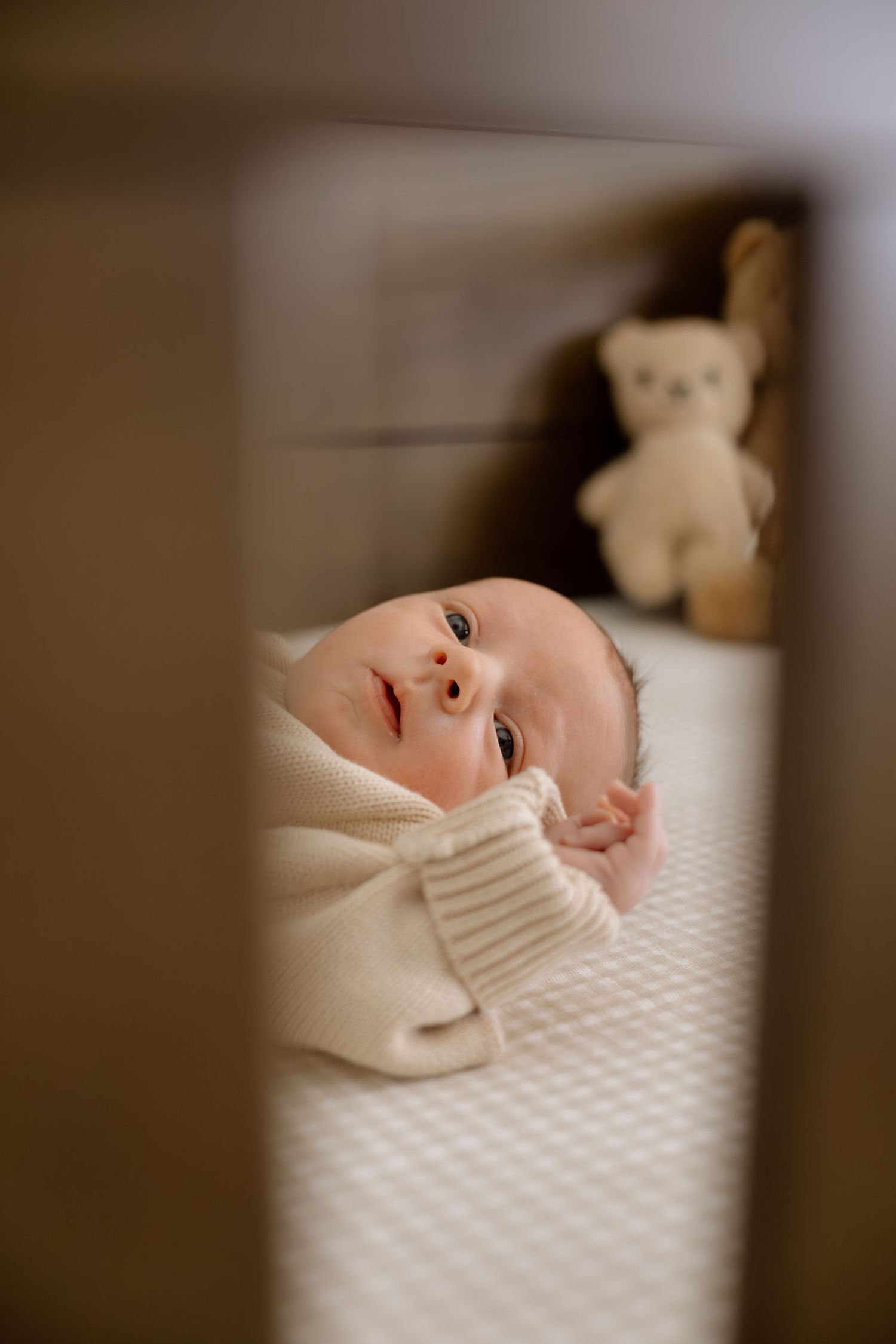 Peaceful newborn baby in cream knit outfit lies in crib gazing up beside a soft teddy bear.