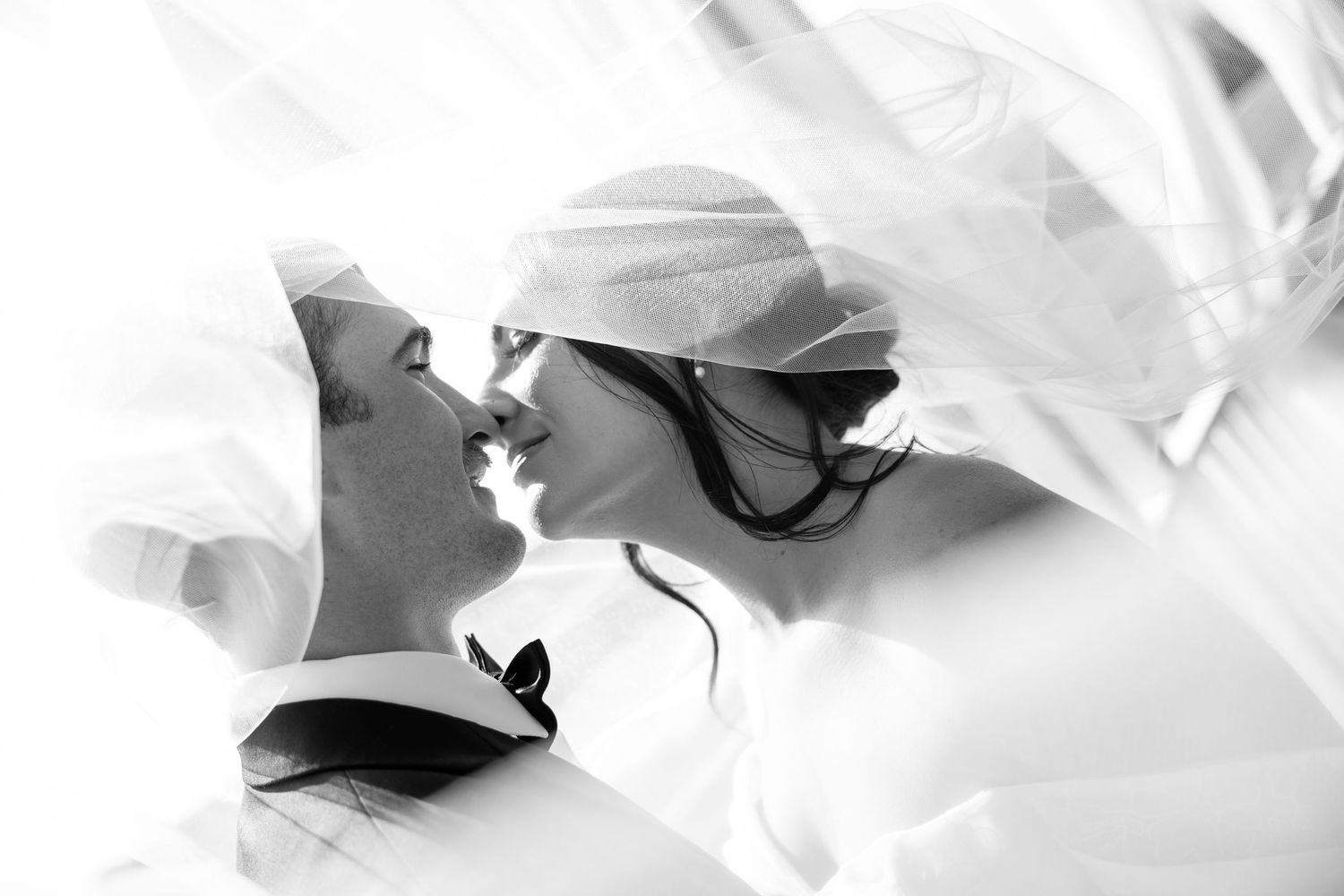 Black and white romantic photo of bride and groom kissing under flowing wedding veil.