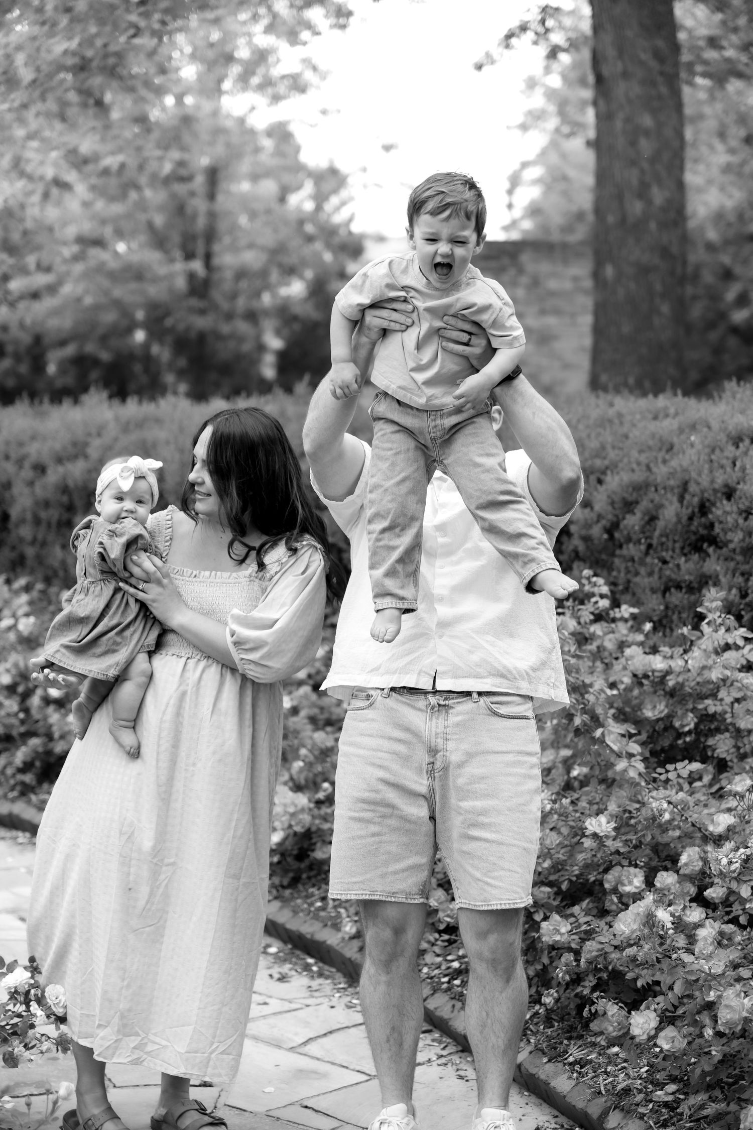 Black and white photo of family in rose garden, father lifting laughing toddler while mother holds infant.