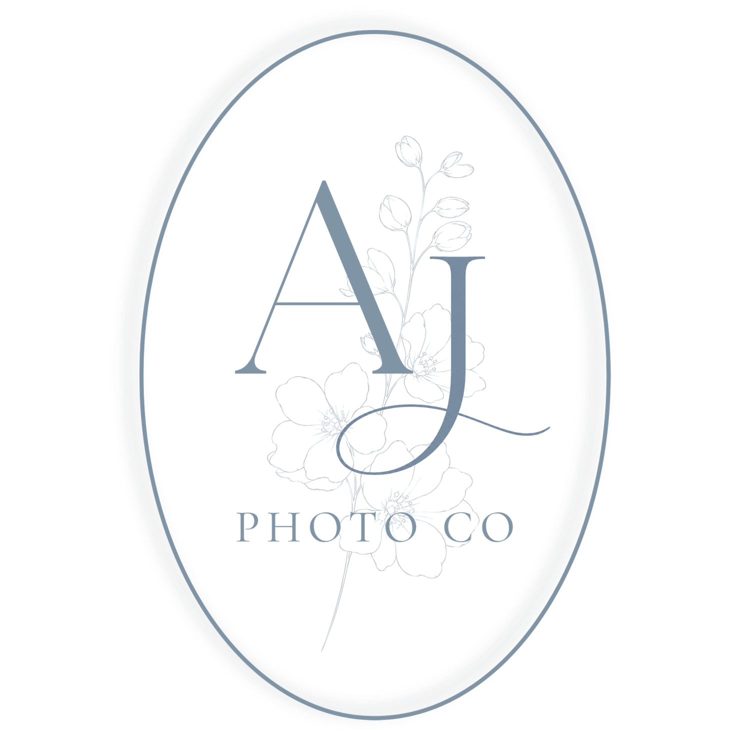 AJ Photo Co logo with elegant monogram letters and floral design in soft blue tones inside an oval frame.