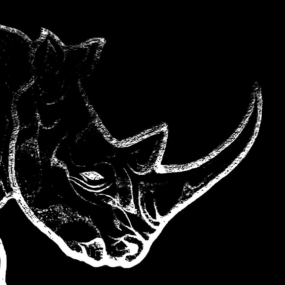 Black and white artistic illustration of a rhinoceros head profile with prominent horn on dark background.