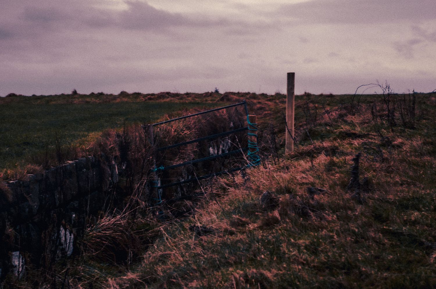 Rustic stone wall with barbed wire fence across green moorland under cloudy sky.