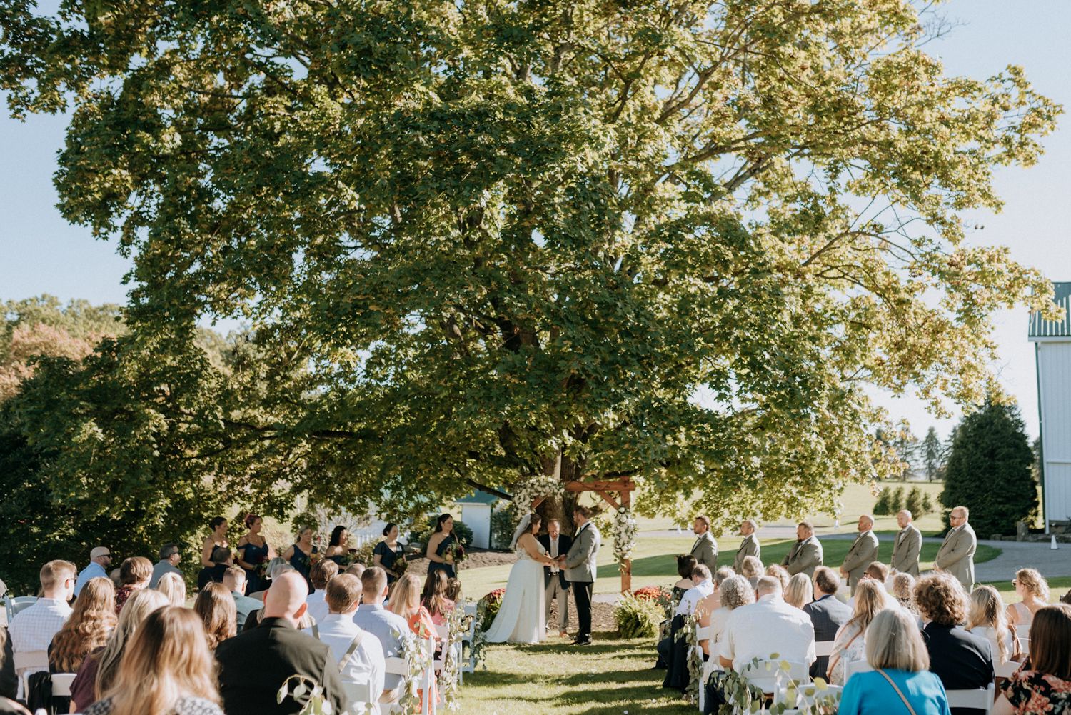 Outdoor wedding ceremony under a large oak tree with seated guests on a sunny summer day.
