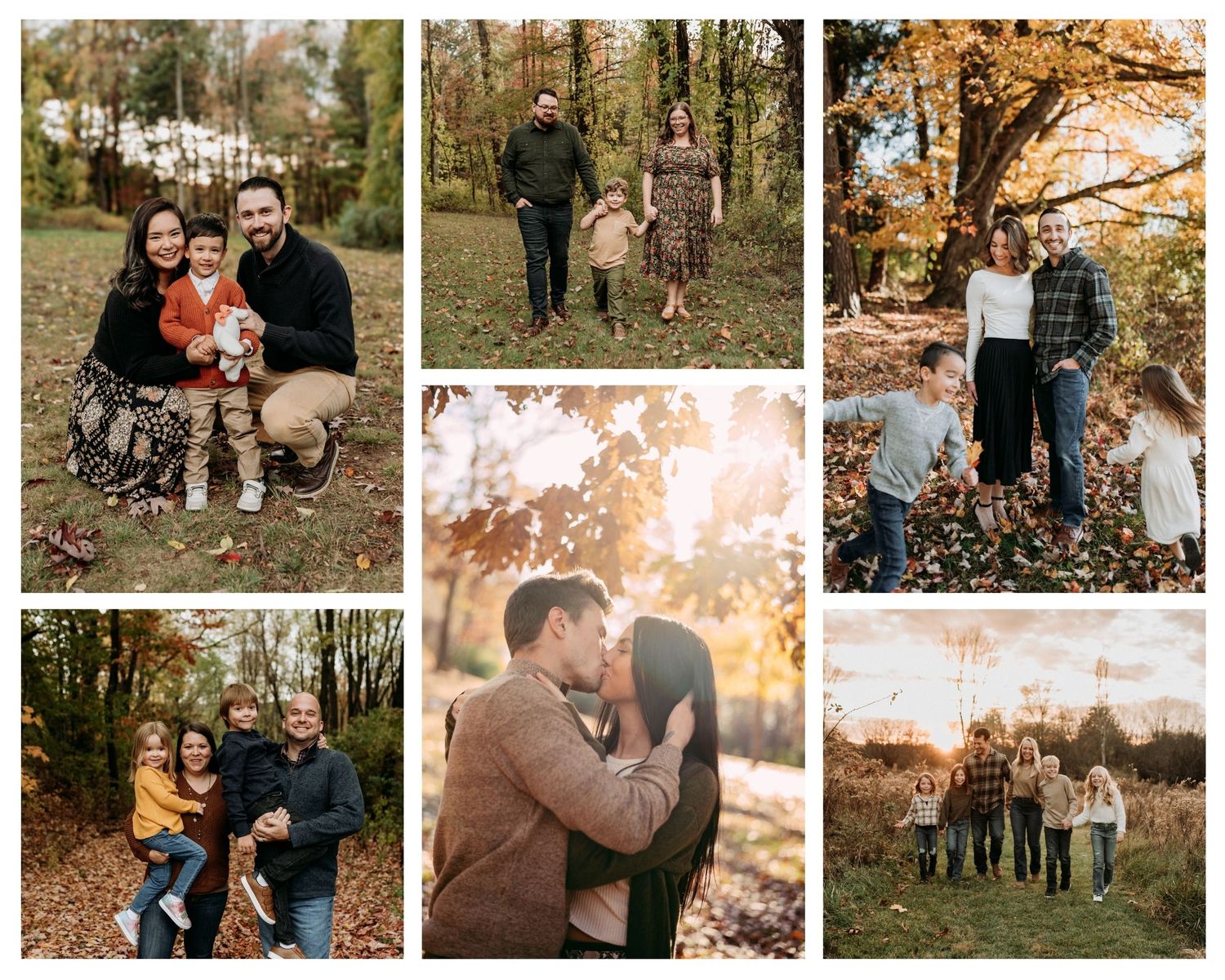 fall family mini session photo collage featuring multiple families posing outdoors among fall foliage in warm golden light in Butler, PA