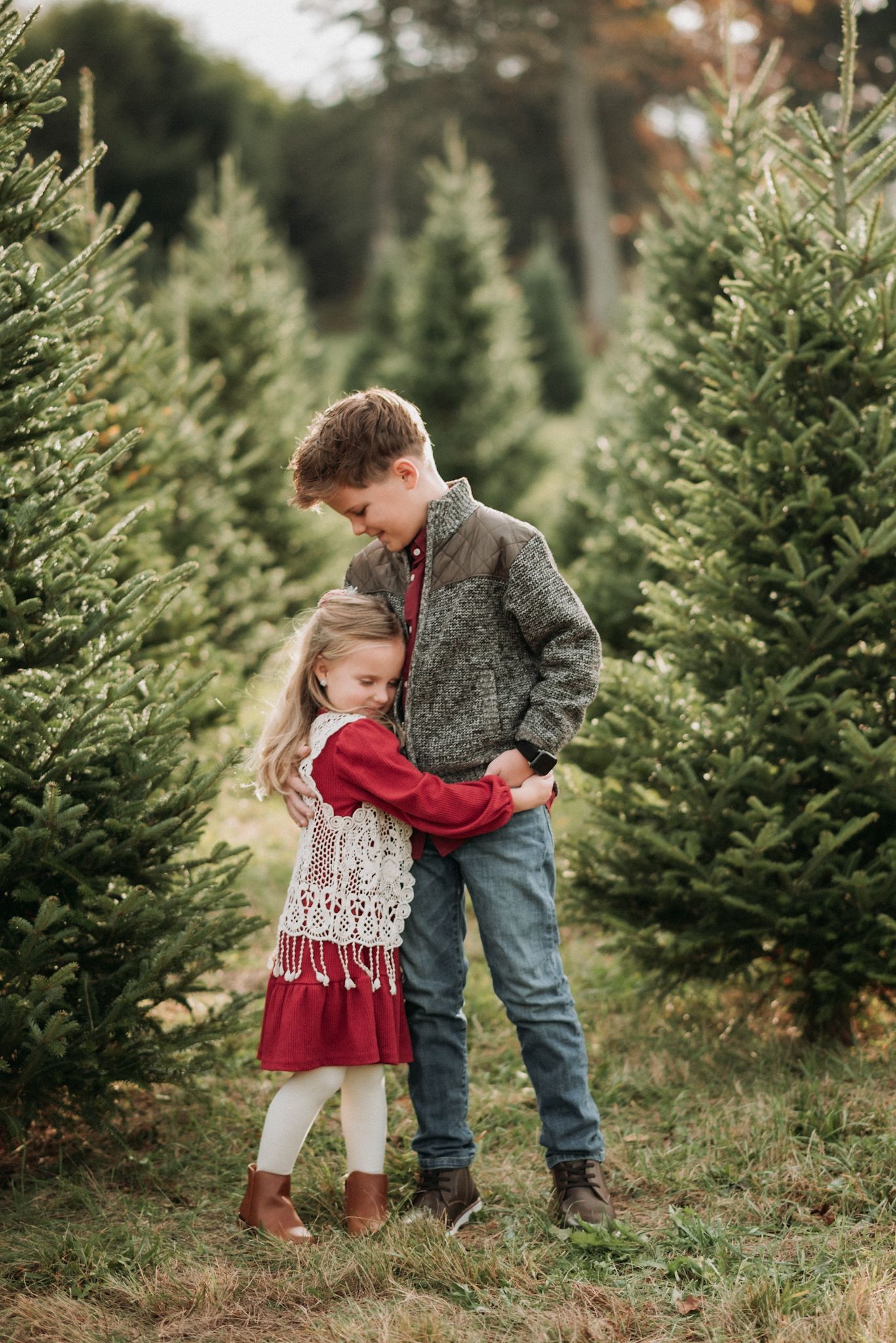 Young boy tenderly hugging little girl in red dress among rows of Christmas trees. Family photography for christmas and holidays.