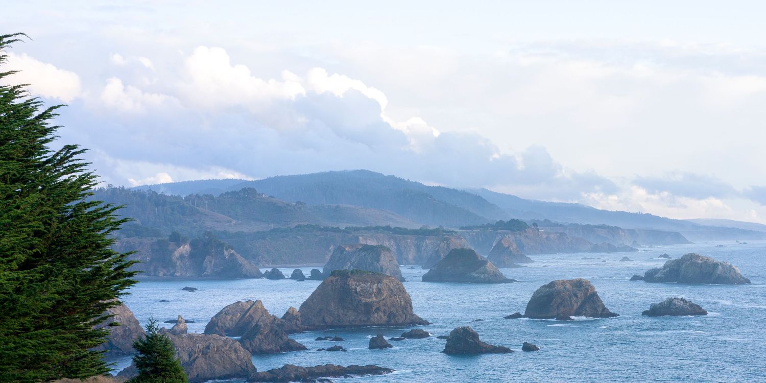Rocky sea stacks rise from misty Pacific waters along a rugged Mendocino California coastline with green cypress trees.