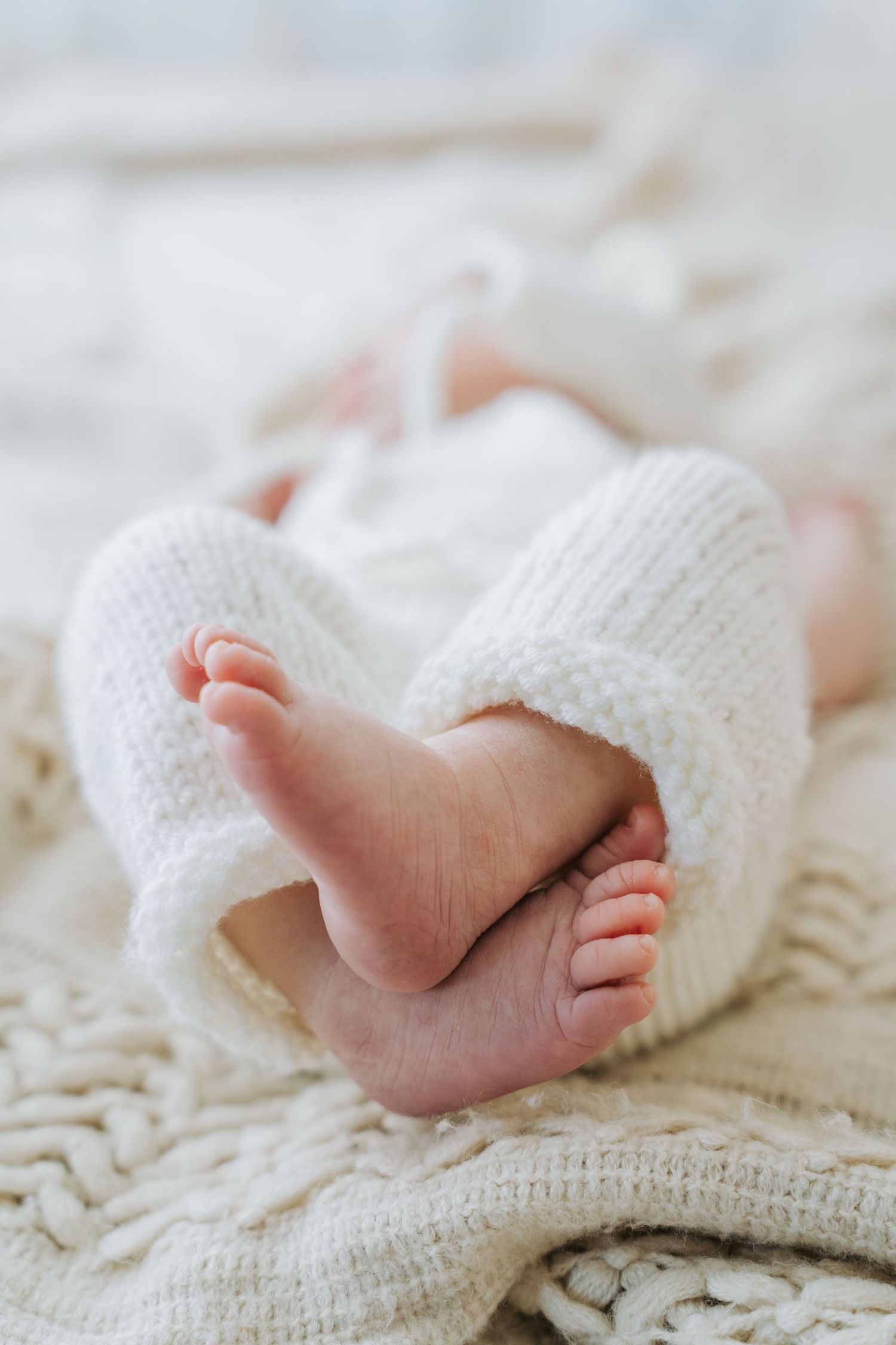 Close-up of newborn baby tiny feet wrapped in soft white knit blanket on cream background.