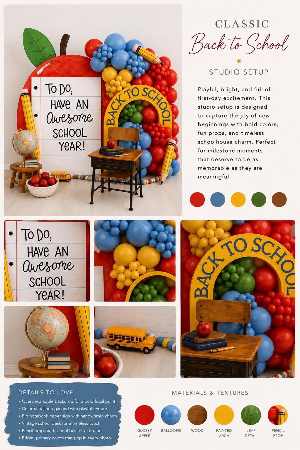 Colorful back-to-school studio setup with balloon garland, vintage desk, apple decor, and bold primary colors for milestone photos.