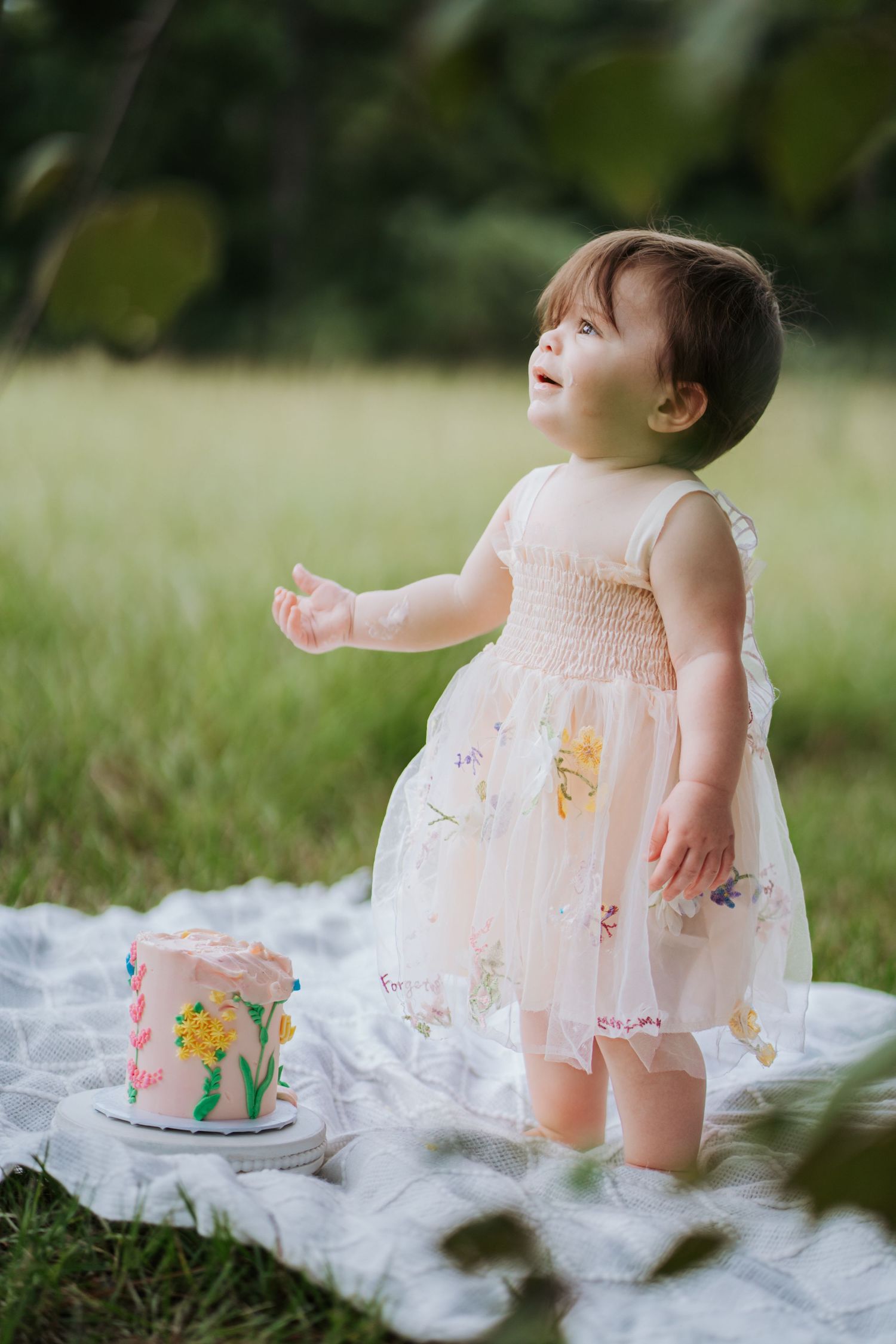 Baby girl in floral dress stands on blanket in green meadow beside a small decorated birthday cake.
