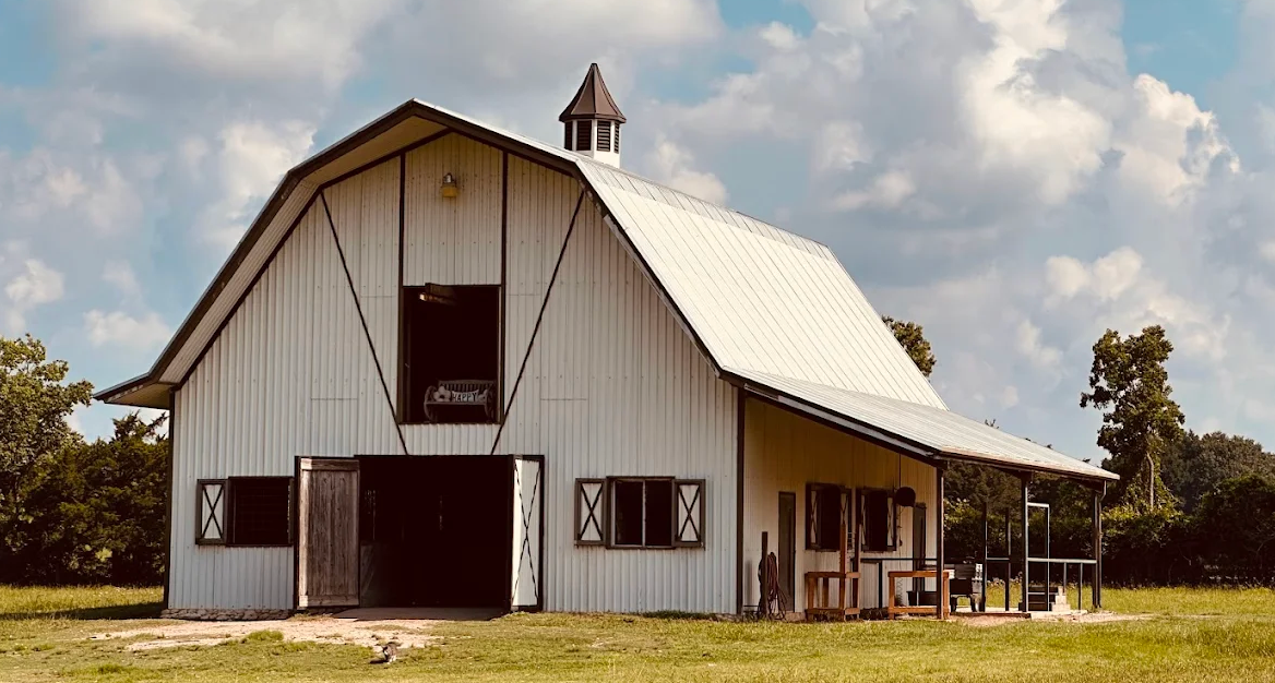 White wooden barn with metal roof, black trim, cupola, and open doors on a sunny day with green fields.