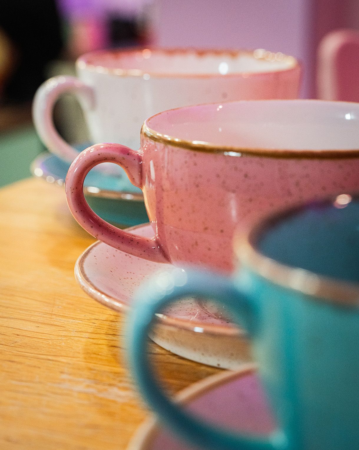 close up of cup handles at cinnammmm cafe