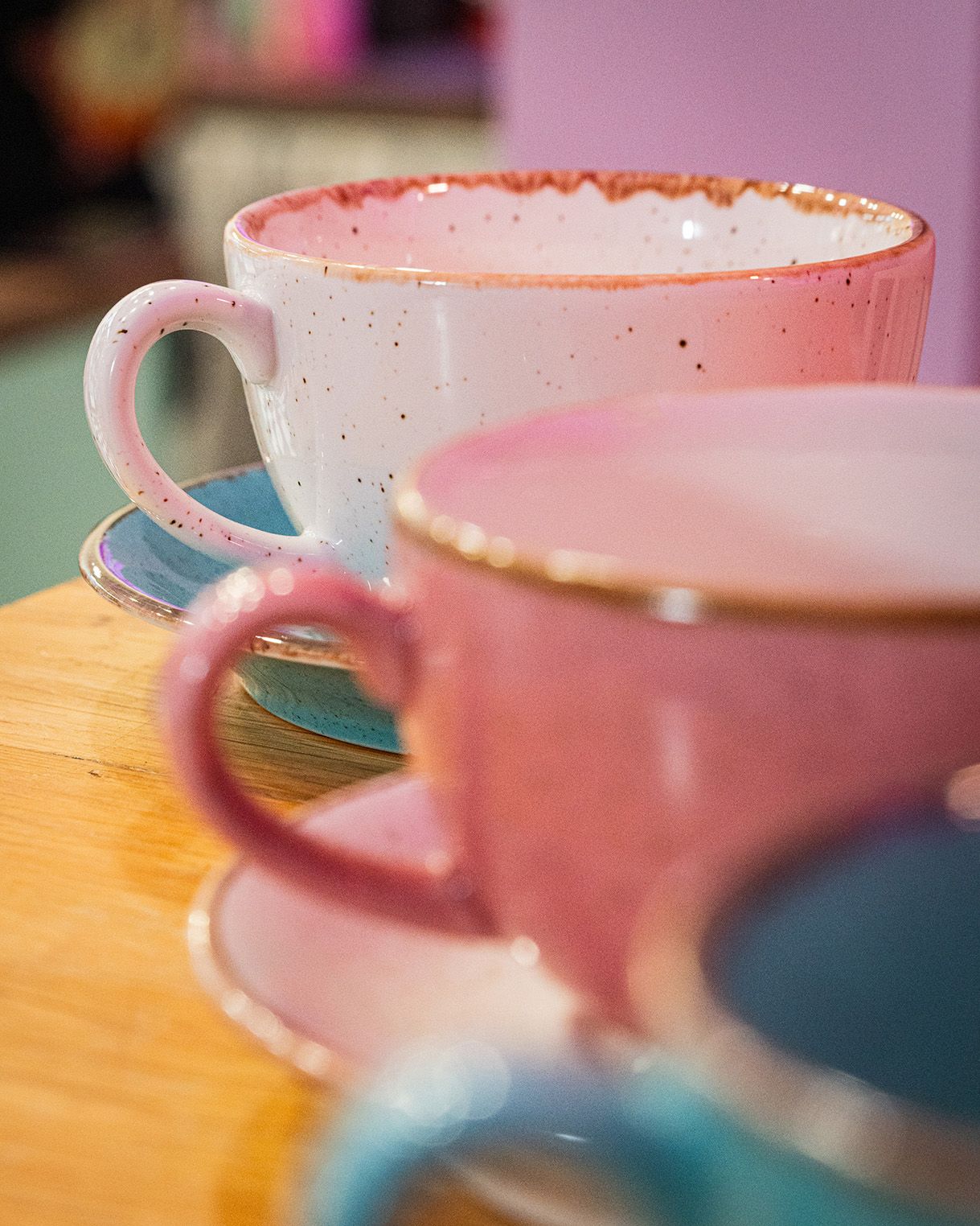 close up of cup handles at cinnammmm cafe