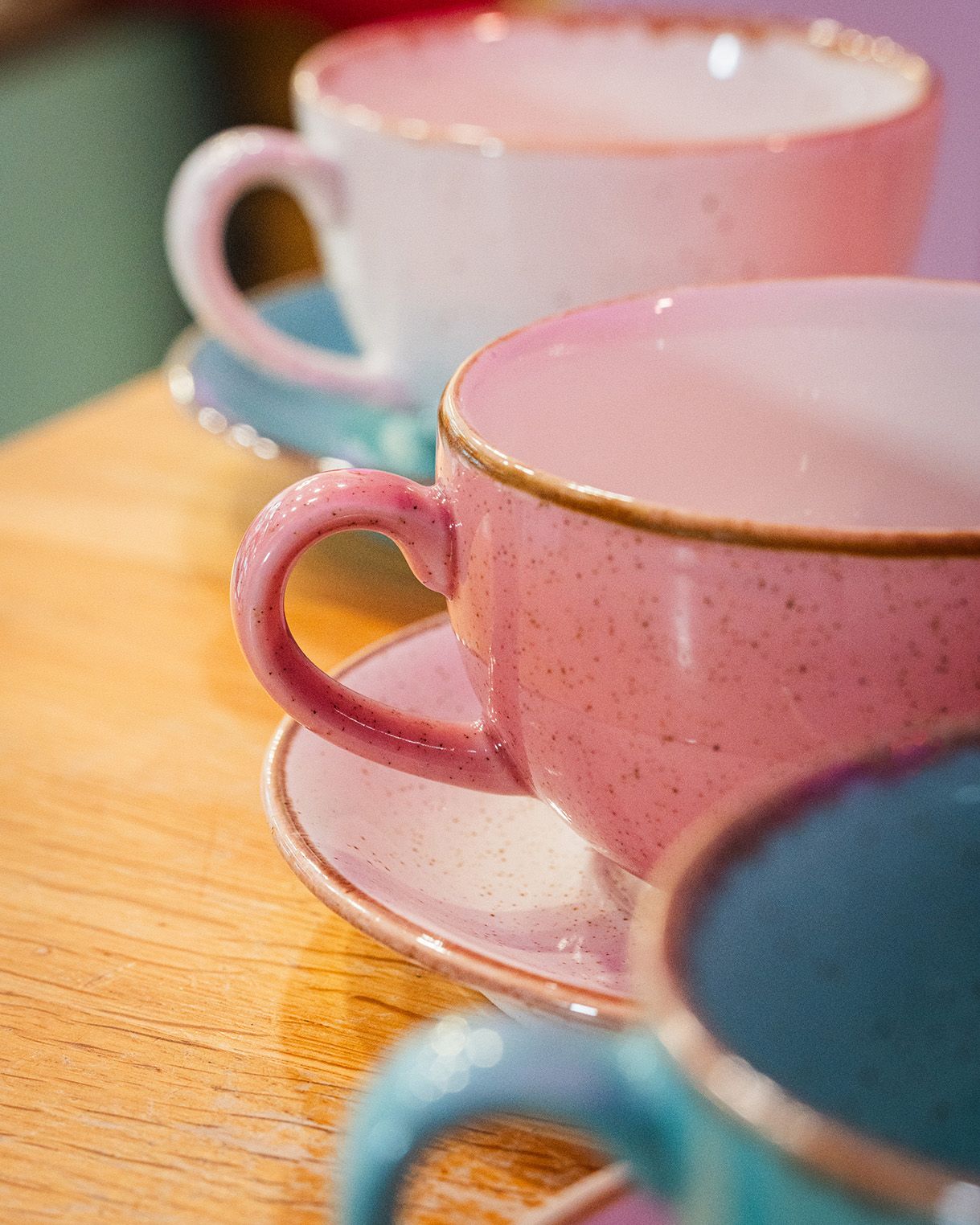 close up of cup handles at cinnammmm cafe