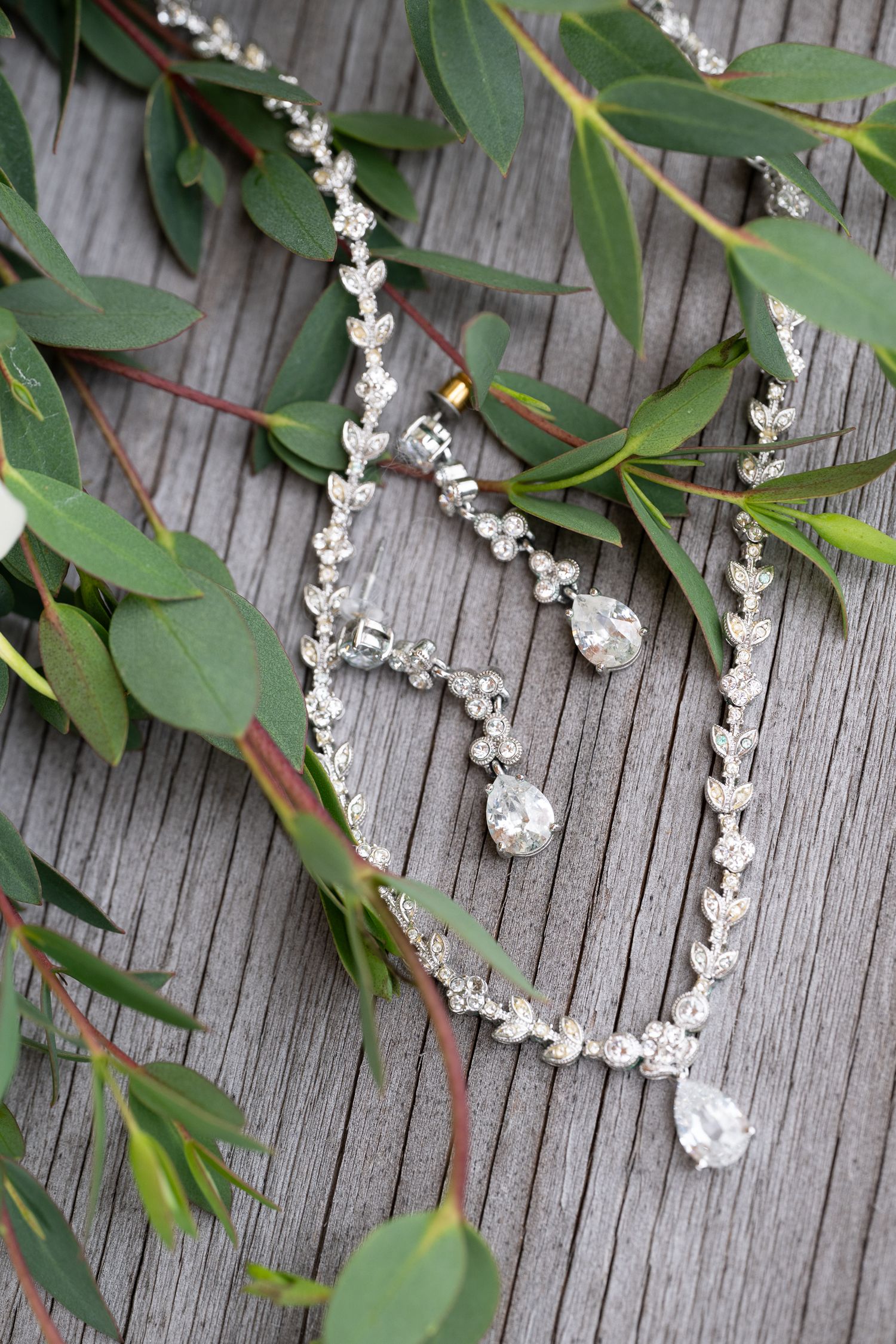 An oregon bride's diamond necklace and earrings set displayed with green foliage