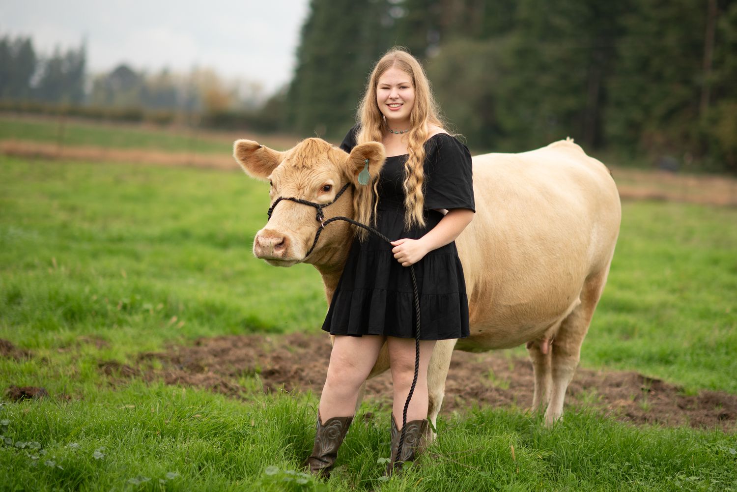 Blonde teen in black dress stands proudly beside a large tan show cow on a lush green pasture.
