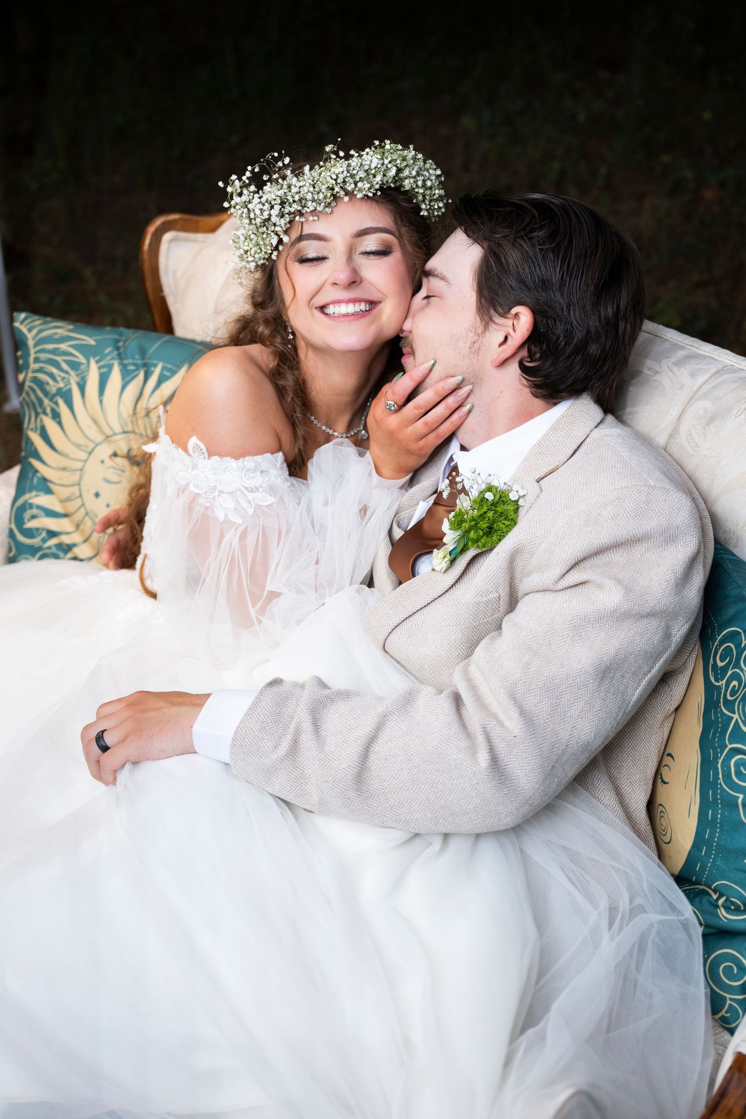 Bride and groom snuggle close during their wedding in the dalles, oregon