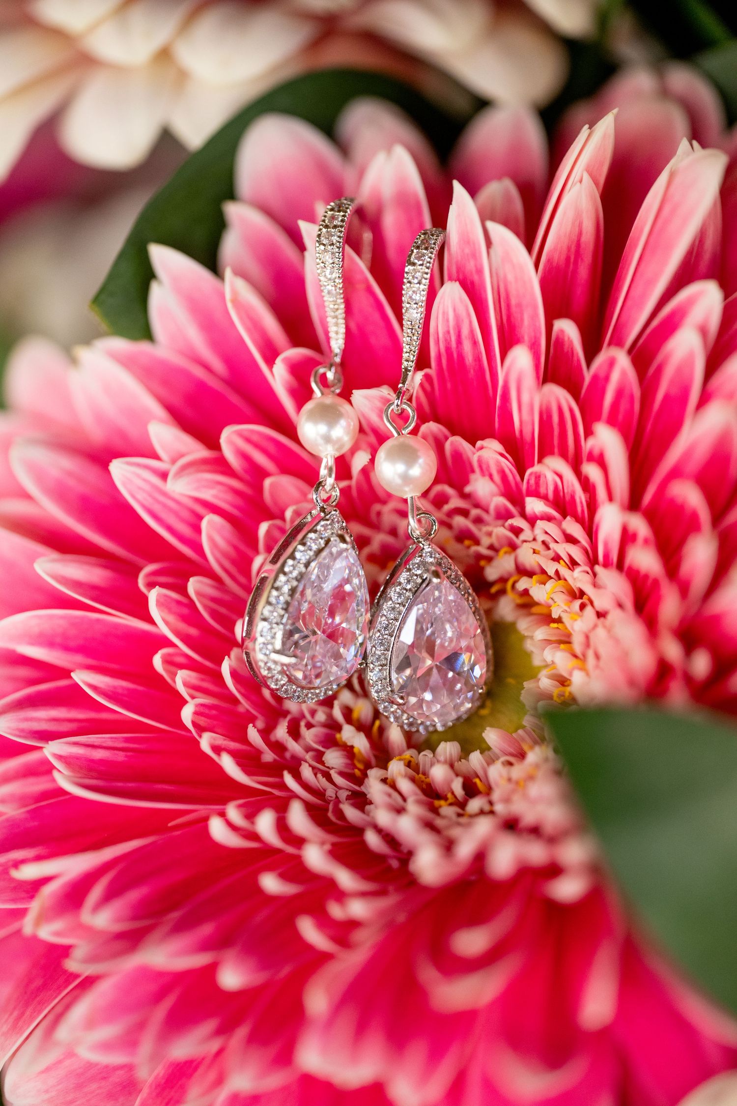 Crystal teardrop and pearl earrings resting on vibrant pink gerbera daisy petals, perfect for bridal jewelry.
