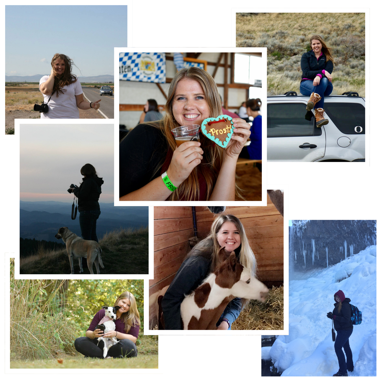 Photo collage of smiling young woman enjoying outdoor adventures, farm animals, and winter activities.